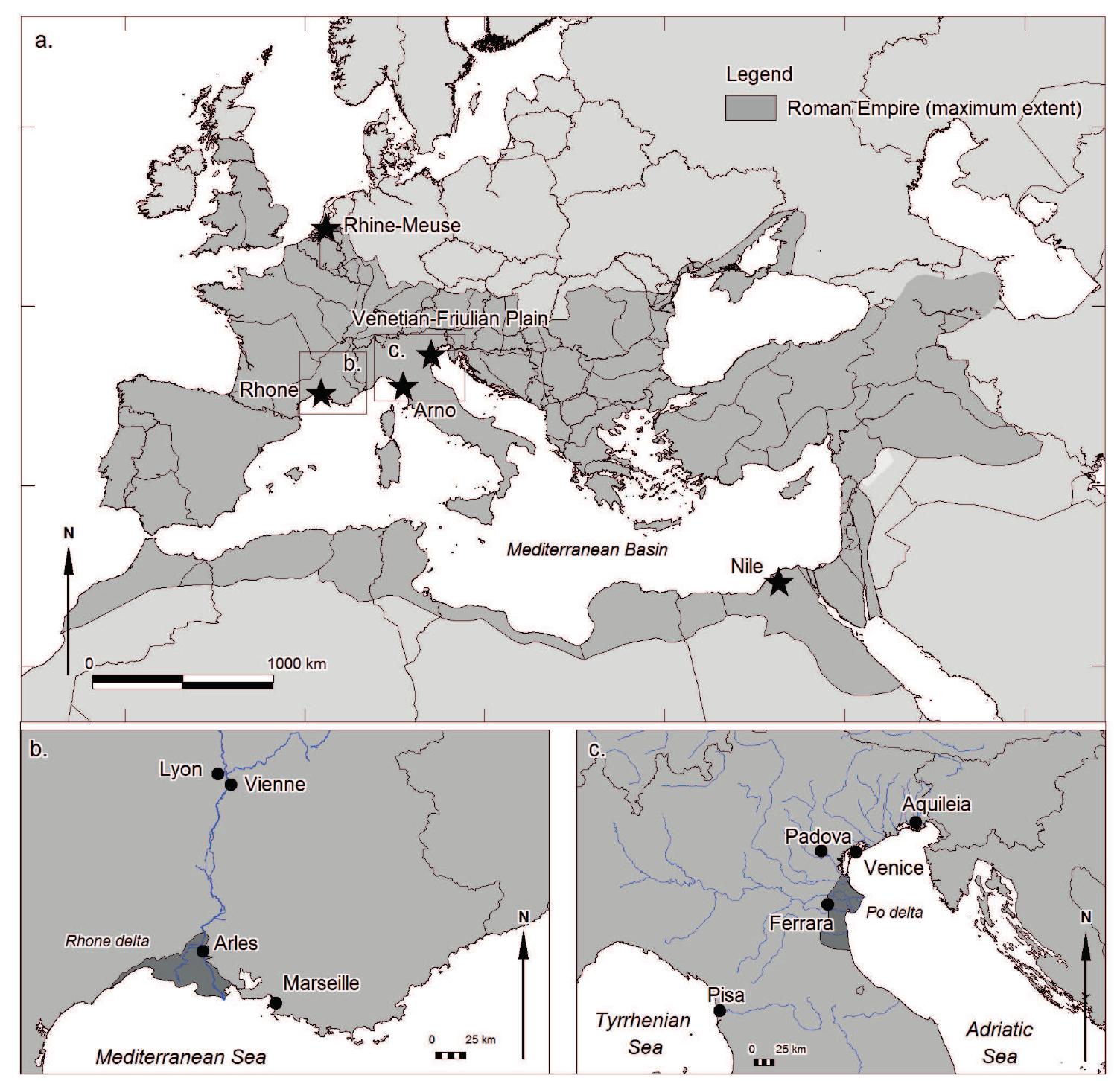 Figure 6.11 Selected Mediterranean deltas, rivers and cities with major Roman and Medieval occupation 