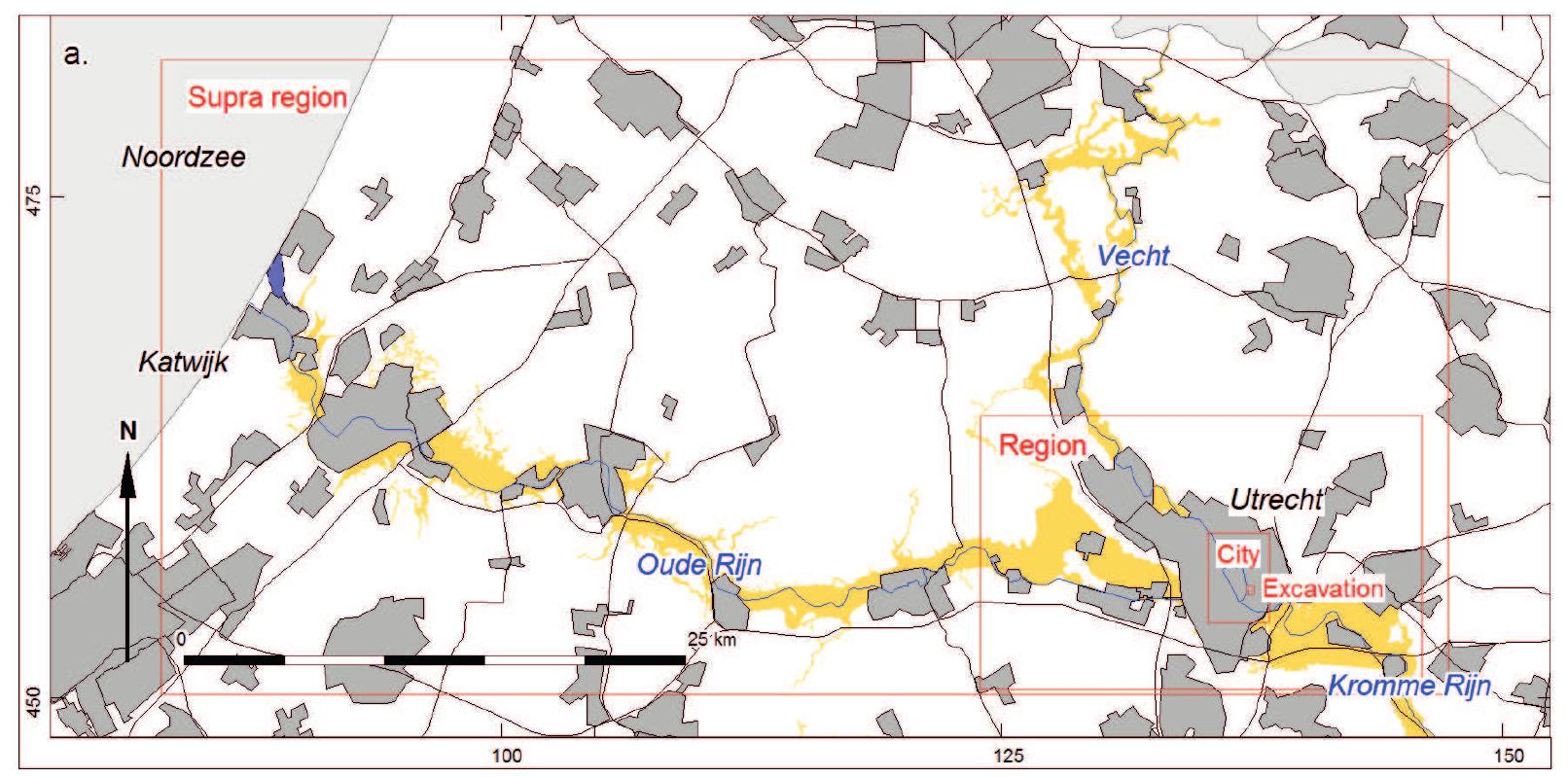 Figure 7.2 Various scale levels of geoarchaeological research along Oude Rijn and Kromme Rijn as applied in this thesis projected on the topographic map of the research area. 