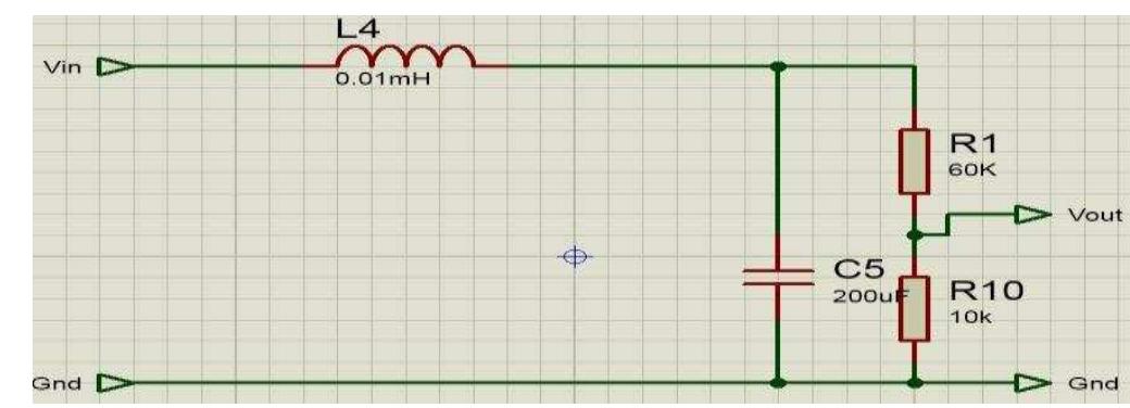 Voltage coming out from the solar panel solely depends upon the solar irradiance, temperature and the panel temperature. As the irradiance and temperature changes at every instant, solar panel voltage is also of abruptly changing nature. Hence, a huge amount of ripple and fluctuations are present in solar panel voltage. To minimize this ripples, voltage is passed through a LC filter and then sensed through pin AO of Arduino UNO. This LC filter consists of a inductor of 0.01 mH, a capacitor of 200 uF and a voltage divider of 6:1 ratio consisting of two resistors of 60 kQ and 10 kQ as shown in the figure below.  