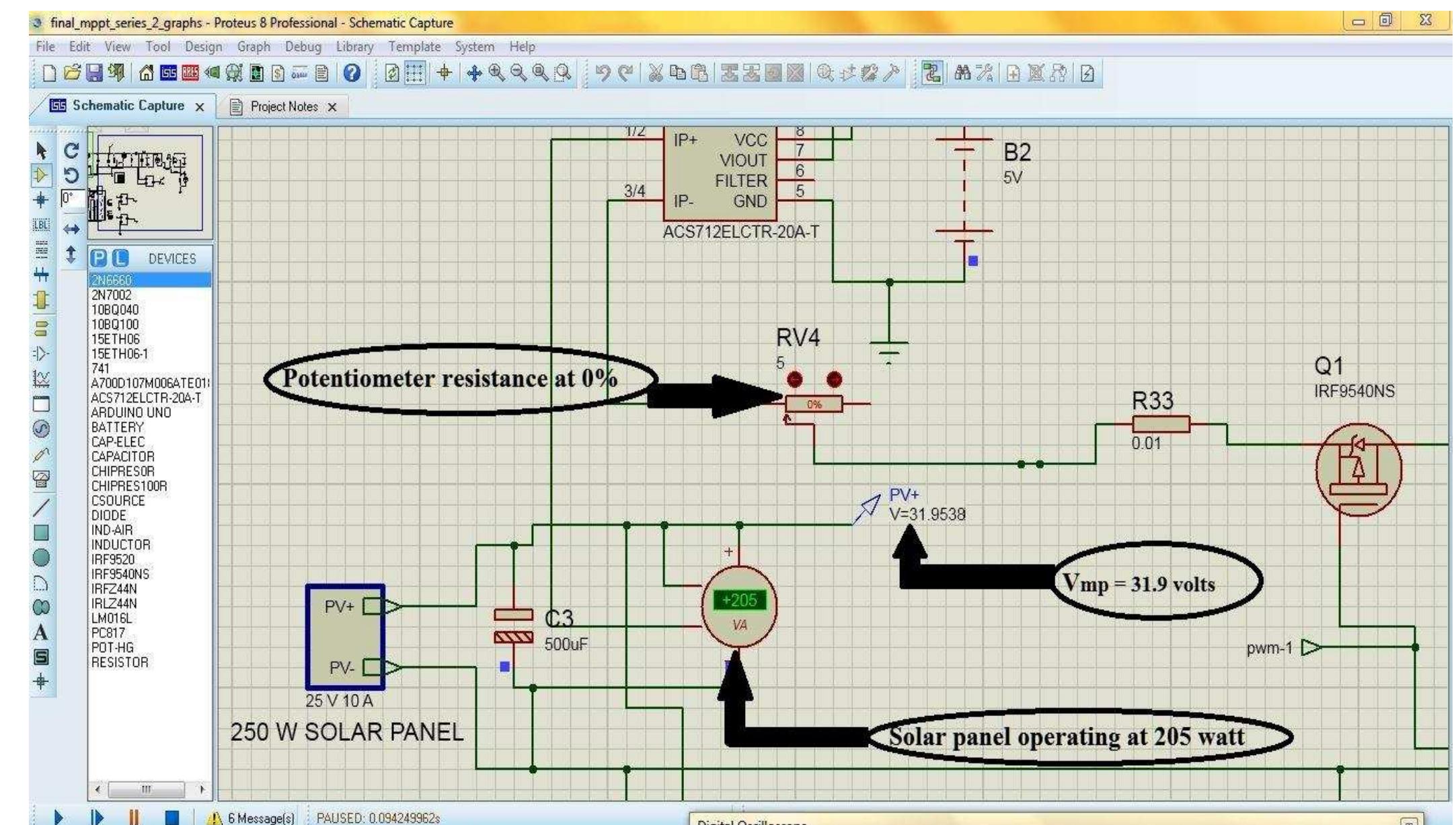 Fig. 12. Potentiometer resistance at 0% & corresponding panel wattage and maximum power point voltage  temperature will be changing at every ins' simulation, a potentiometer is varied to c  panel voltages. Since there is no in-built op  temperature incident on the solar panel, a po  Perturb & Observe method of MPPT algorithm is compiled in Arduino programming language. As solar irradiance and  tant, for real time hange the voltage  from the solar panel abruptly. Maximum power point voltage Vmp) is successfully traced at these different values of solar  tion in Proteus 8.3  Professional to vary the irradiance and  tentiometer is  connected in the circuit at the output of the panel so that voltage coming out of it can be varied abruptly assuming the effect of different irradiance and temperature conditions. For different values of potentiometer, solar panel operating wattage is taken. As the potentiometer resistance gradually increases, i.e. irradiance incident decreases, wattage of the panel reduces. These five potentiometer values, at 0%, 25%, 50% & 75% and their corresponding solar panel wattages & V mp) are shown below: 