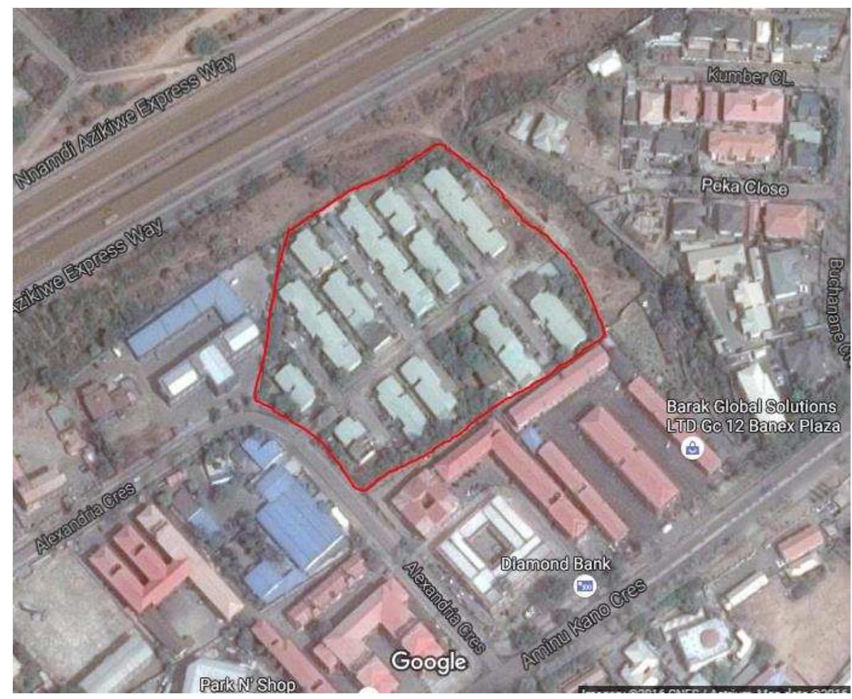 Arial map showing site outline (source: authors field work)