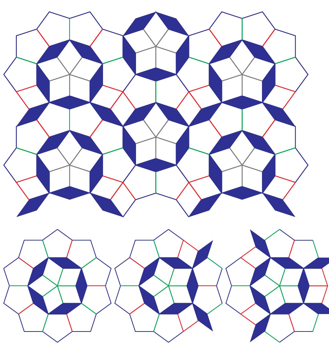 Figure 3 - Tilings by ♢ ⧫ ⬠ and their relationship to the