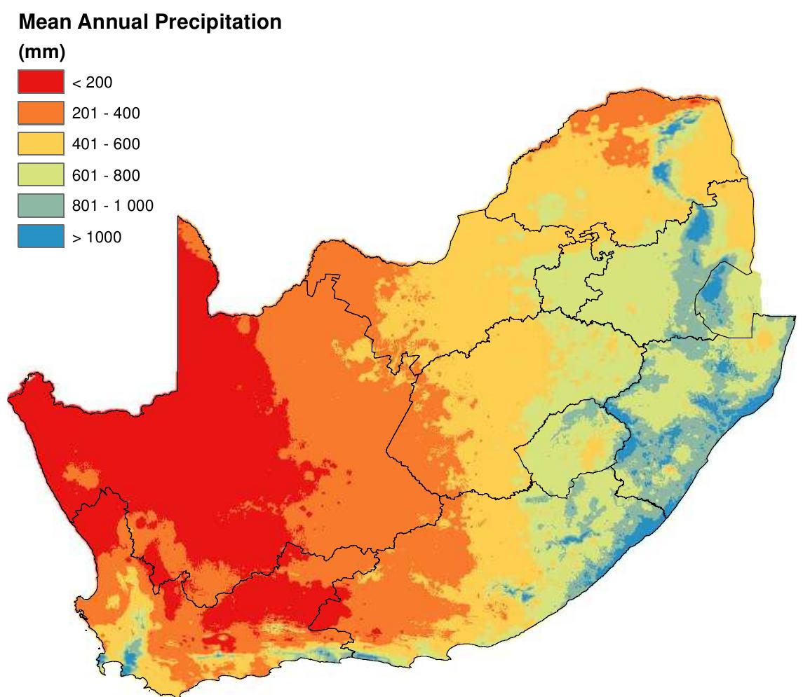 Figure 13: South African Mean Annual Precipitation  Any proclaimed environmental benefits such as carbon sequestration or green energy neec to be measured against the consumption of water used for irrigation. More research is thu: required to examine and assess the various costs and benefits of bamboo projects, tc understand the trade-offs between different social, economic and environmental objective: and to develop ways of maximizing sustainable development benefits. A decision needs tc pe made whether standards (e.g. such as those offered by the Roundtable on Sustainable Biomaterials) are needed to assess the overall sustainability linked to bamboo cultivation ir South Africa. 
