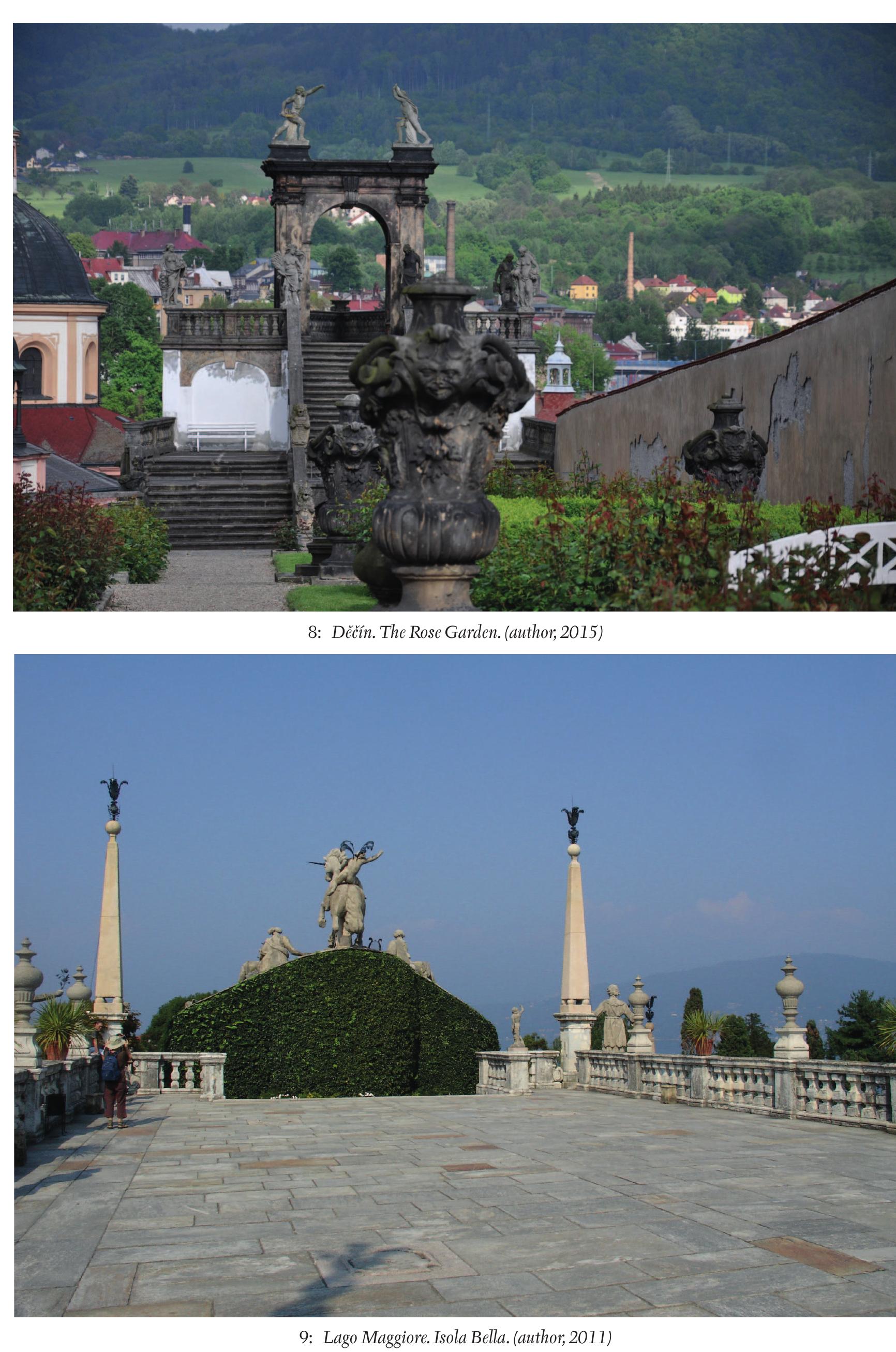 with the pavilion forms the so called teatro with the accent of the statues, which emphasize the vertical line necessary to link the Earth with heaven. A similar element can be encountered in  for example the Borromean Garden on Isola Bella, where, like in Dééin, the surrounding mountains penetrate into the panorama of the garden. 