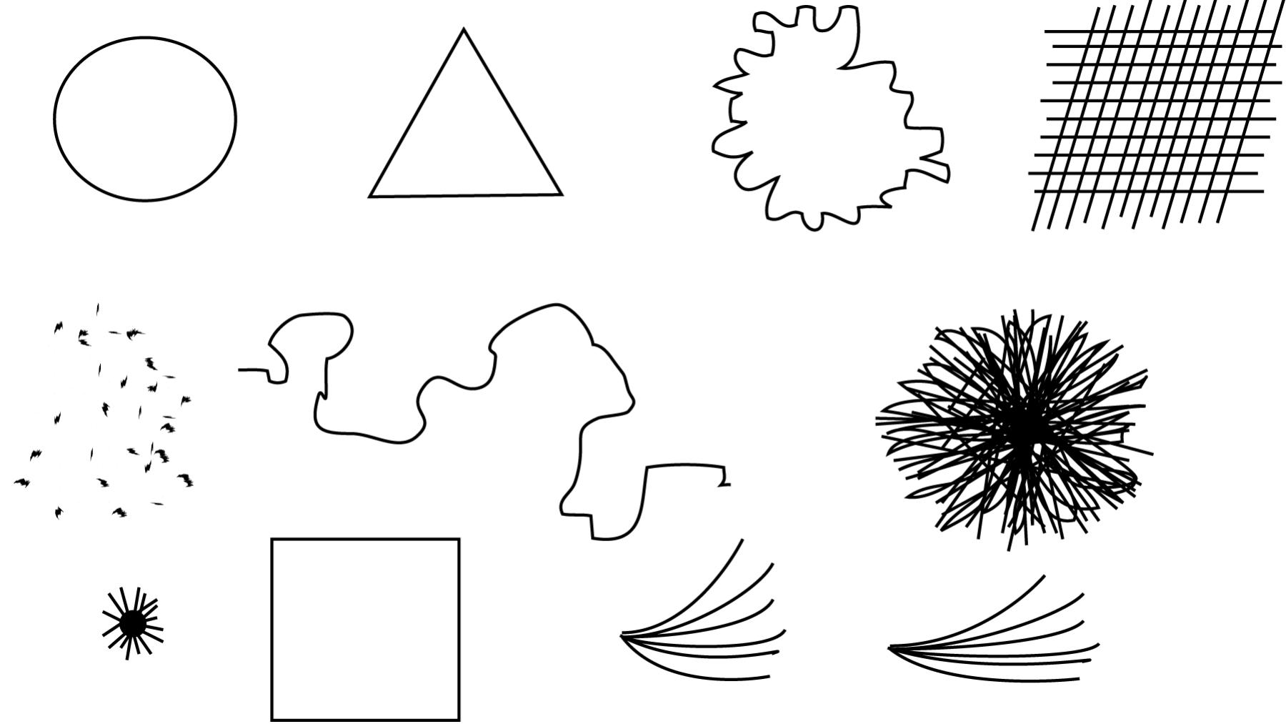 Figure 4.2: Images based on those given by R. Murray Schafer in his ear cleaning exercise no. 42, in whicl he asks "Try finding sounds to match the following shapes and textures" (1994:62).  are concerned with imitation as an extension or exploration of listening. 