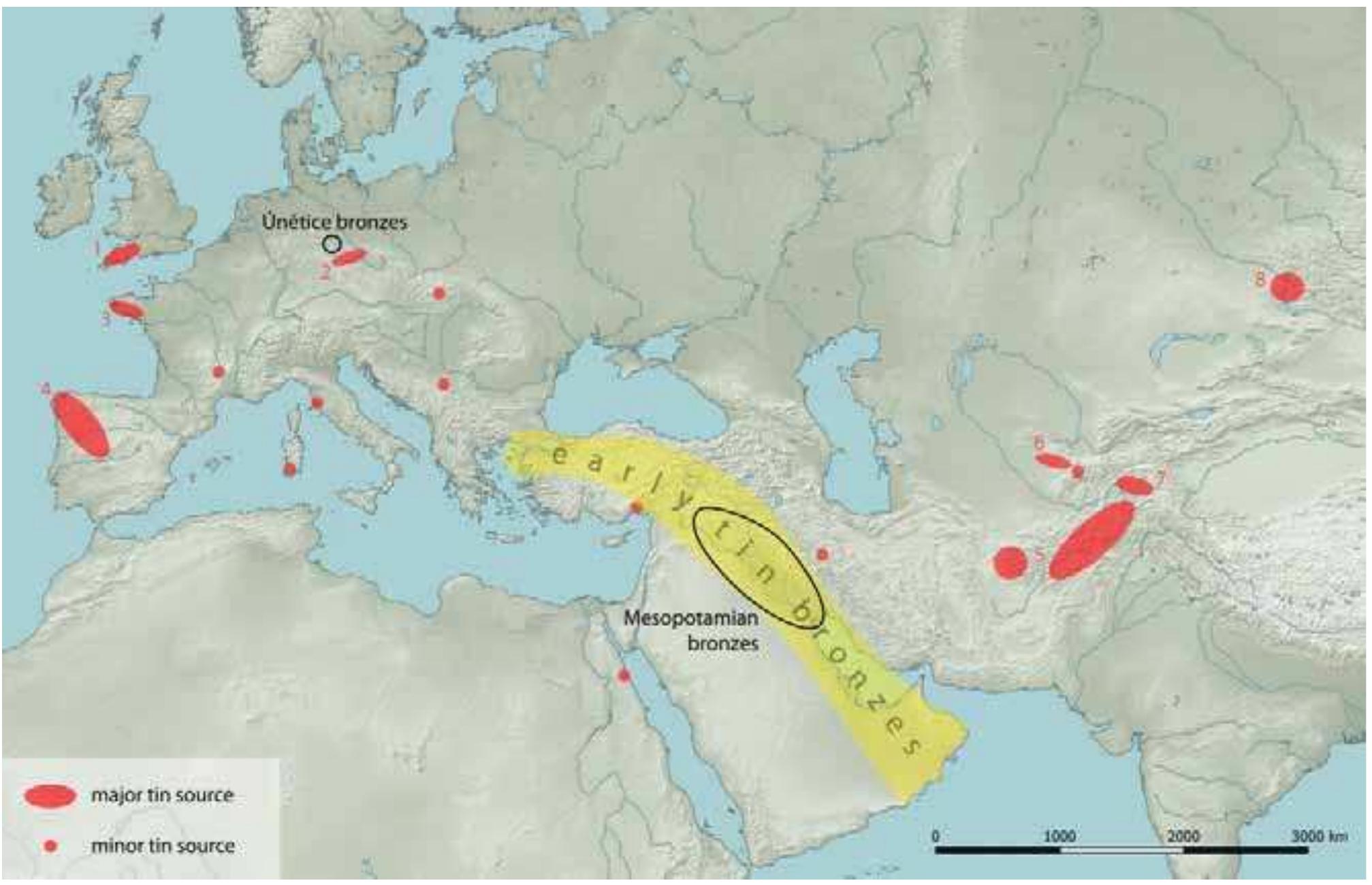 The Tinworking Landscape of Dartmoor in a European Context: Prehistory to 20th Century  Figure 1 Map showing major and minor tin resources in Eurasia, the region of the earliest tin bronzes and the areas of the objects analysed by our research group.  1 — Cornwall/Devon; 2 — German/Bohemian Erzgebirge; 3 — Bretagne; 4 — Iberian Peninsula; 5 — Western and Eastern Afghanistan 6 — Uzbekistan; 7 — Tadzhikistan; 8 — Kazakhstan. 