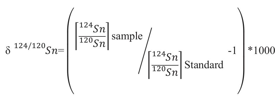 The tin isotopic analyses (TIA) were performed with a Thermo Scientific Neptune Plus MC-ICP- MS, equipped with nine Faraday Cups. Tin has ten isotopes covering a mass range of 12amu between masses 112 and 124. The measurement of the seven high mass Sn isotopes (1'°Sn, !!7Sn, ''8Sn, !!°Sn, 20Sn, 'Sn, '4Sn) was preferred, because they have the highest abundances, which helps to attain data with the highest analytical precision. This mass range also fits more closely to that of Sb (121-123) which was used for mass bias correction. Samples were run in a blank-standard-blank-sample-blank- standard bracketing setup. The calculation of the isotope ratios, the mass bias correction using the exponential law (Russell et al. 1978; Baxter et al. 2006) and 6-value calculations, were done off-line with Excel spreadsheets. The data will be given with the conventional delta notation where  rrors during mass fractionation correction. 