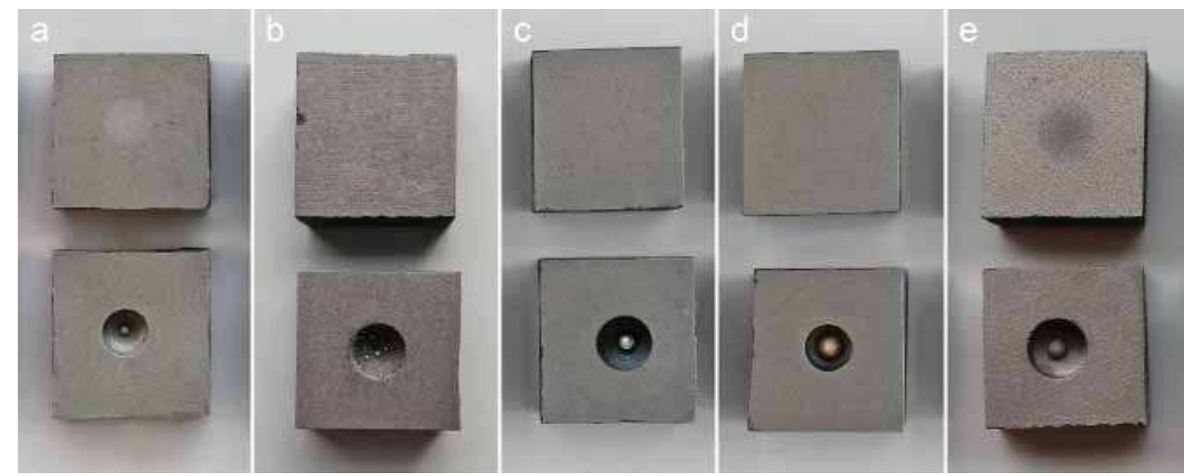 The Tinworking Landscape of Dartmoor in a European Context: Prehistory to 20th Century   Figure 2 Results of experimental reduction of stannic oxide in the laboratory: Reduction with (a) carbon monoxide, (b) potassium cyanide, (c) sodium carbonate, (d) copper and (e) cupric oxide. 