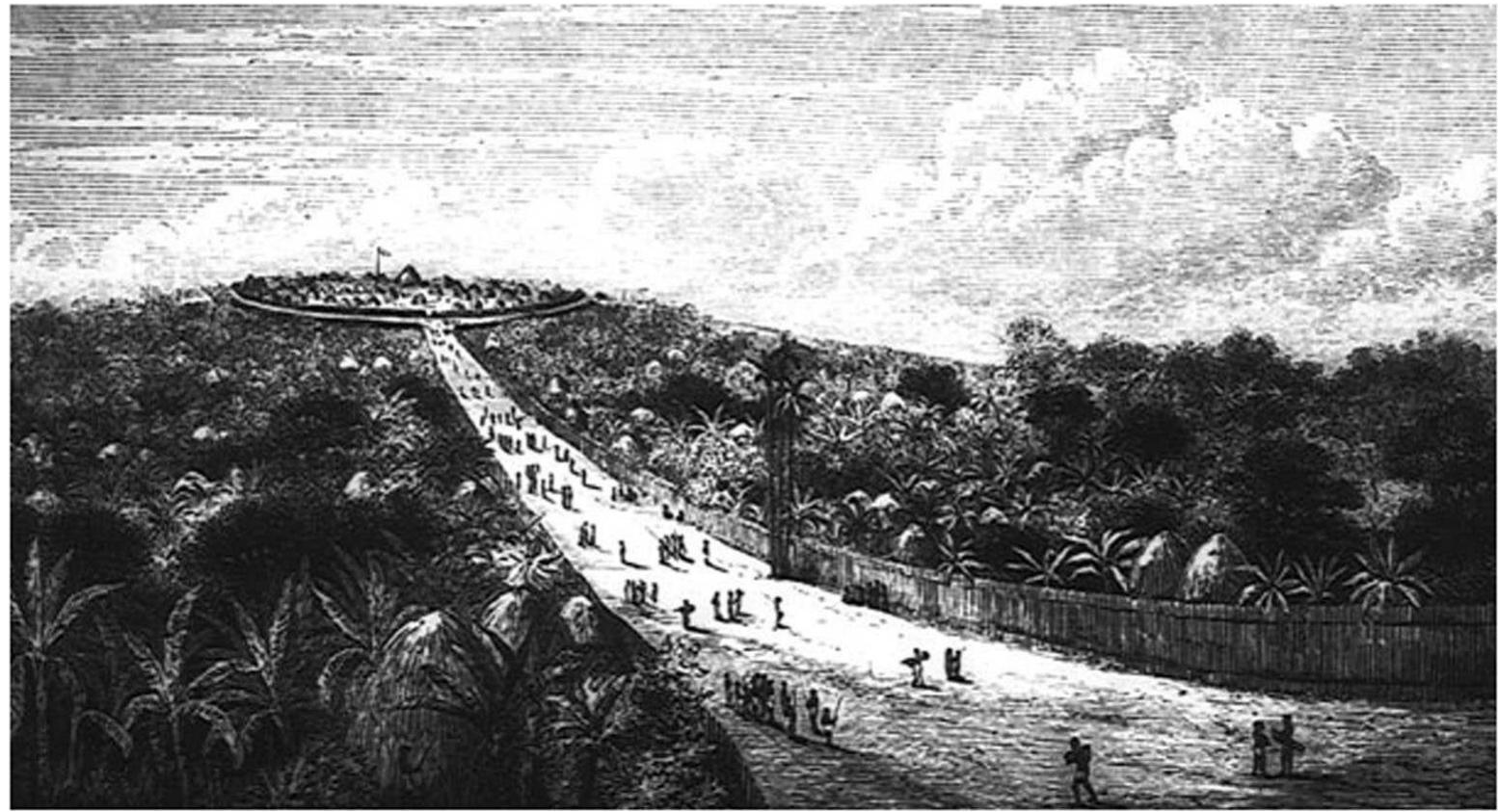 The palace or entrance quite surprised me by its extraordinary dimensions, and the neatness with which it was kept. The whole brow and sides of the hill on which we stood were covered with gigantic grass huts, thatched as neatly as so many heads dressed by a London barber, 