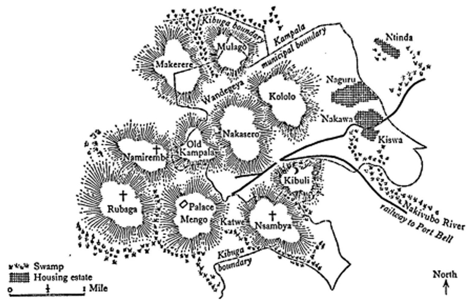 and fenced all round with the tall yellow reeds of the common Uganda tiger-grass; whilst within the enclosure, the lines of huts were joined together or partitioned off into courts, with walls of the same grass.7” 