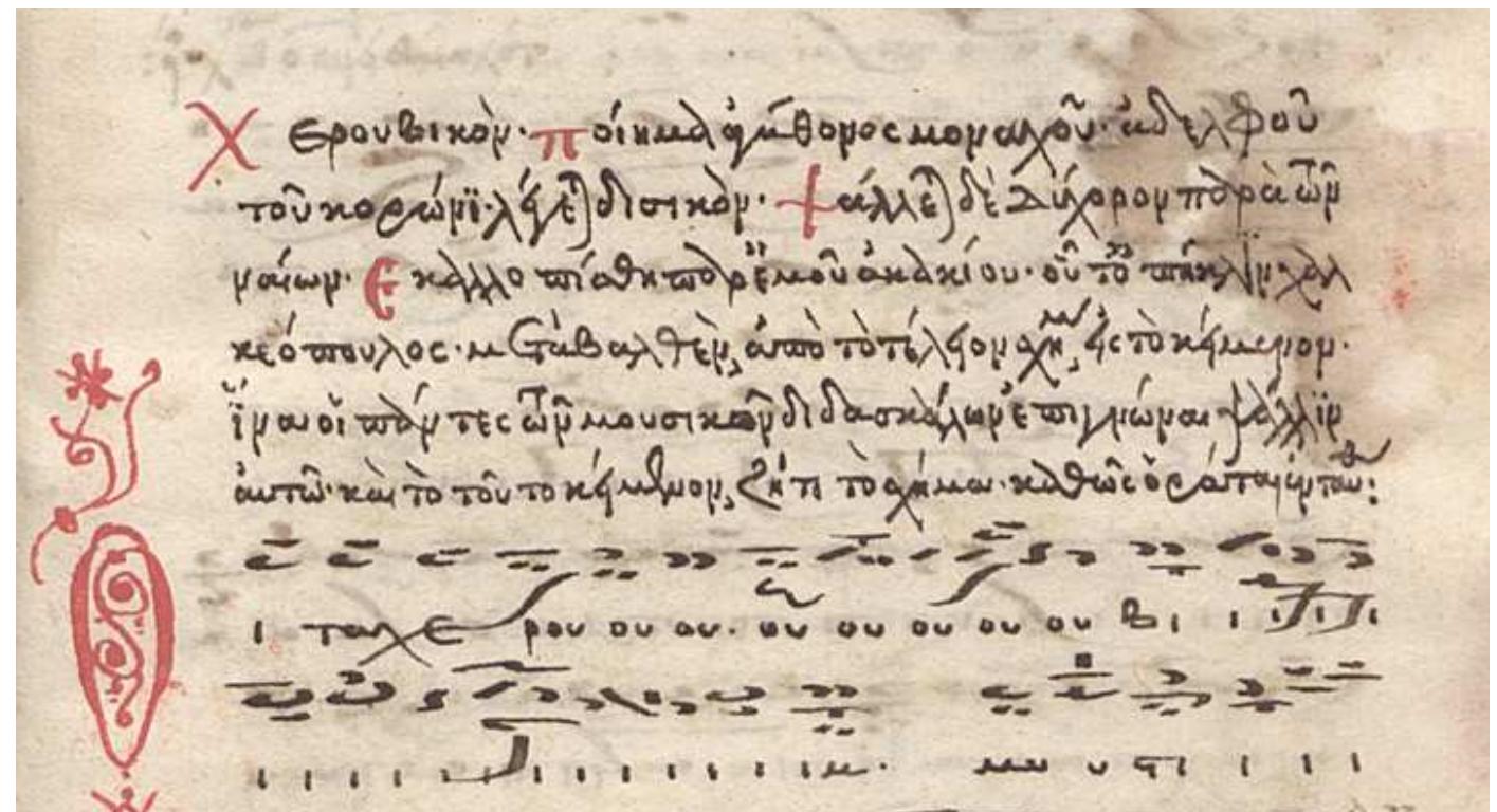 National Librarv of Greece 917 f. 135r  Furthermore, the issue of dysikon setting of Agathon Korones is more complicated when one and a half century later Akakios Chalkeopoulos chose it in order to embellish and write it in a more analytical way. On the f. 135r of his autograph manuscript NLG 917 Akakios notes!9: ““Cherouvikon, work of Agathon the monk, the brother of Korones, so-called dysikon, chanted by two choirs by the younger. It is embellished by me Akakios the so-called Chalkeopoulos, changed from the perfect schema to the text, in order to all the music teachers  know to chant it. And its text asks for the schema, as it 1s seen here’”’.  know to chant it. And its text asks for the schema, as it is seen here”. 