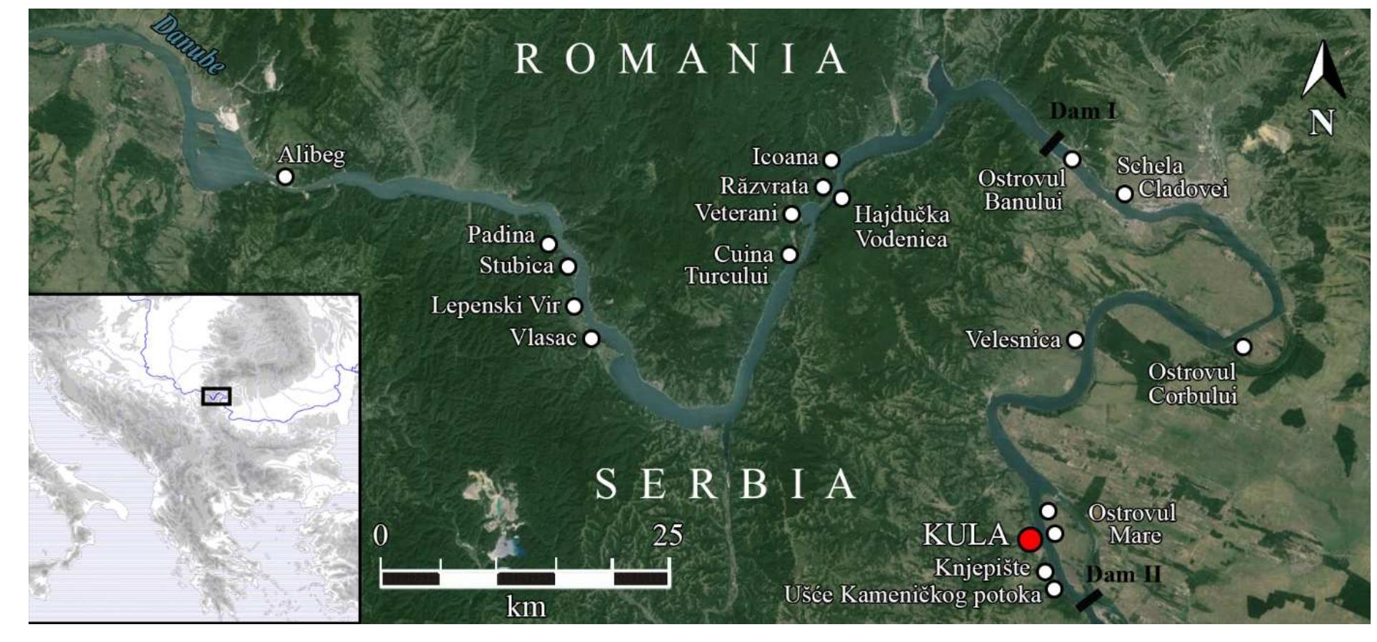 Figure 1. Map of the Danube Gorges region showing the location of Kula and other relevant Epipalaeolithic, Mesolithic and Early Neolithic sites referred to in the text. 