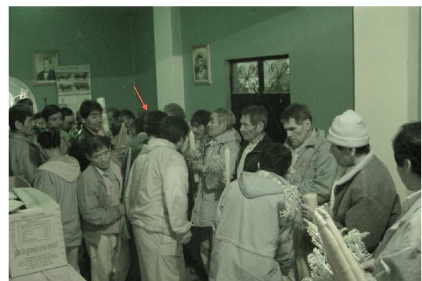 Ficure 9. Hilaria (arrow) recording oratory in the ceremonial changing of the authorities, San Juan Quiahije, New Years eve, 2007-8 (Photo by G. B. Stevens)  TONY: One lesson that I took from Emiliana’s modus operandi was that one must con- stantly seek contacts and connections with new people who might have interests, and es- pecially energy, for language promotion, preservation and documentation; and that each person must think flexibly and realistically about what they can and can’t contribute given their training and background. In this context, a further goal took shape alongside our work in phonological description: documenting Chatino natural discourse. It began in San Juan Quiahije. We recorded people in all kinds of settings. These were mostly private collabora- tions, but they sometimes had a public, more official side. Of very great interest locally is the ritual oratory used by the authorities on public occasions. On the last day of 2004, Hilaria, Emiliana’s sister, made a recording of a midnight New Year ceremony in San Juan Quiahije for the changing of traditional community authorities. She recorded it because she felt such oratory was ‘beautiful Chatino’ and was poetically, spiritually, and culturally pro- found. Indeed, once she had transcribed her recordings, she realized that it was an example of classic Mesoamerican “canonical” parallelism (Fox 1977, Bright 1990) and was just the tip of the iceberg in a whole sea of ritual and everyday poetic practices (H. Cruz 2014). Figure 9 shows Hilaria recording the same ceremony three years later. 