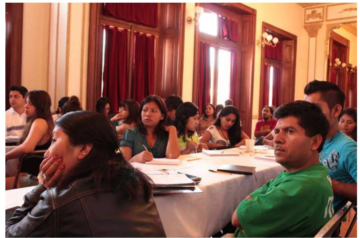 FicureE 12. Workshop on Tone for speaker-linguists of Otomanguean languages, Oaxaca City, June, 2012 (Photo by Gibran Morales)  TONY: Now, at the time of this writing, I feel things have come a long way. Our lan- guage promotion efforts are still centered on community-level teaching, as Emiliana just described. But it has led into some key new institutional relationships which have extended its reach and impact. In the summers of 2012 and 2013, with the support of the Mexican federal government’s National Institute for Indigenous Languages (known by its Spanish initials, INALI), and the support of the privately-funded San Pablo Academic and Cultural Center in Oaxaca City, Emiliana organized a Workshop on Tone for speaker-linguists of Otomanguean languages, with 50 students, and with faculty from Mexico and the US (Figure 12). 