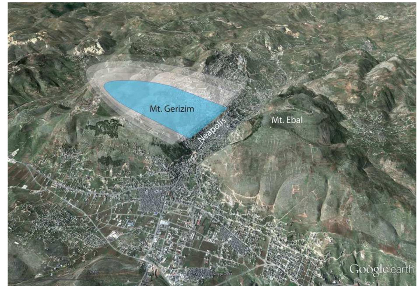 FIGURE 2_ The topographic setting of Neapolis-Shechem, between Mt Ebal and Mt. Gerizim, oblique Google Earth view from the NE. The syncli- nal aquifer of Mt. Gerizim is shown schematically. The main springs flow at the northern (right) edge of Mt. Gerizim [Color figure can be viewed at wileyonlinelibrary.com] 
