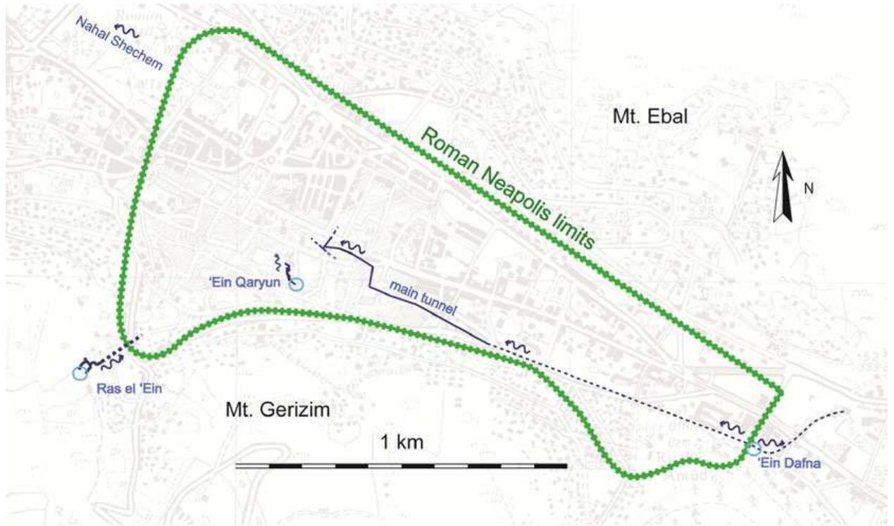 FIGURE7_ Thestudied underground systems superposed on a hypothetical plan of Neapolis (city walls after Magen, 2009) and 20th century cit map (background). Wavy arrows indicate water flow direction. Circles indicate subsurface point of springs (bedrock-tunnel interface) [Color figur can be viewed at wileyonlinelibrary.com] 