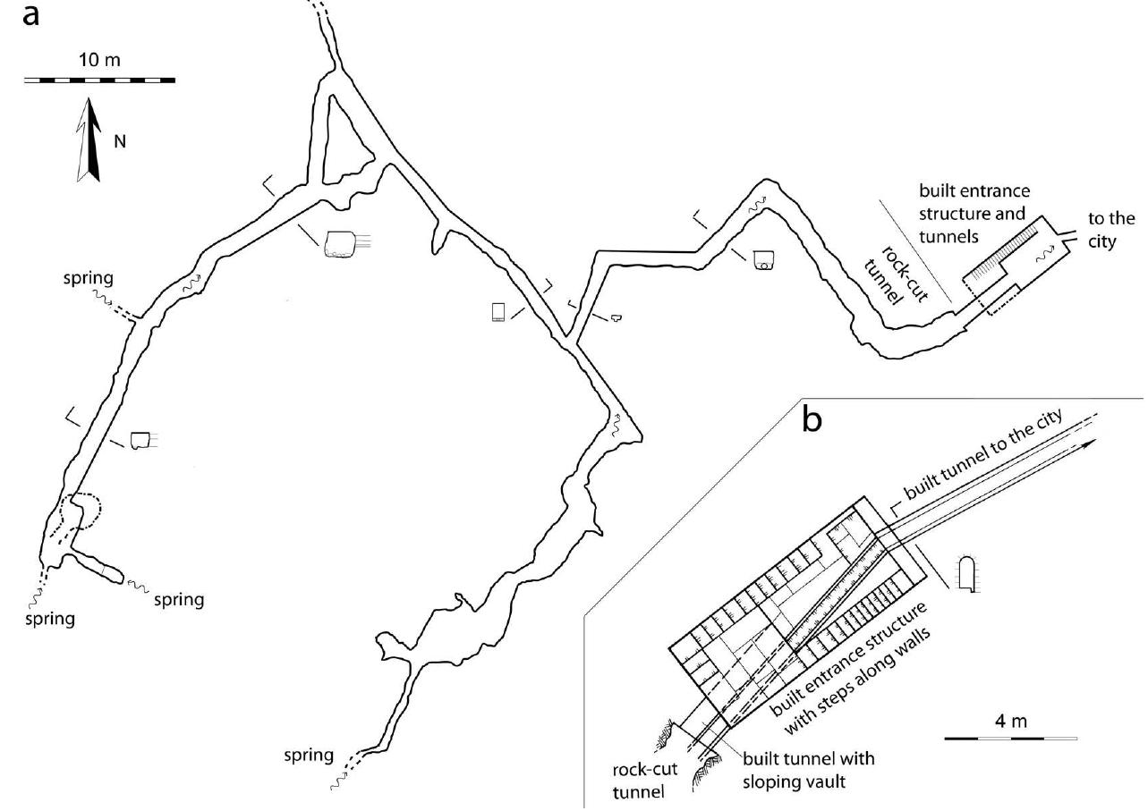 FIGURE 10 = (a) Planof the rock-cut spring tunnels and entrance structure of Ras el Ein surveyed by the author. Wavy arrows indicate water flow direction. (b) Entrance structure map enlarged (modified after El-Fanni, 1999; Magen, 2009)  FIGURE9 Ein Qaryun tunnels. (a) Barrel-vaulted tunnel, 1.5 m wide; the shelf on the right is a secondary water channel. Note the blocking wall at the rear. Photo: Boaz Langford. (b) Tunnel built of large ashlar masonry at the left, stone slabs roof, with minor recent mortar repairs. Tunnel width is 60 cm. Photo: Ze’ev H. Erlich (Zabo) [Color figure can be viewed at wileyonlinelibrary.com] 