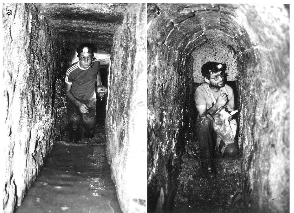 FIGURE12 Themaintunnel, built under the main street of Neapolis. Tunnel is ca. 70 cm wide. (a) Section covered with stone slabs. Photo: A. Frumkin. (b) Section with barrel-vaulted roof. Photo: Ofer Lavi 
