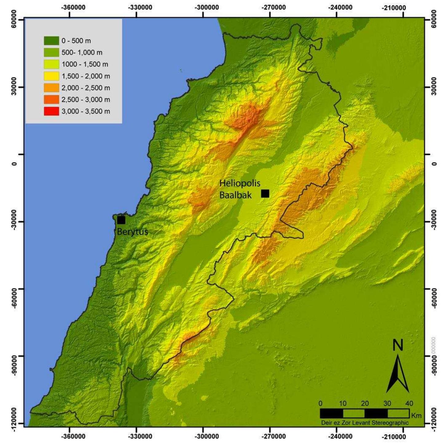 Figure 1. Map showing the borders of the Lebanese Republic and the location of Berytus and Heliopolis Baalbak.  Sn a ee Ee ——————e—_—_ee ee  tive landscape of Roman Phoenicia underwent sub- stantial modification with the foundation of a veter- an colony in Berytus. The territory of the new colony was extended as far as the sources of the Orontes River in Northern Bekaa (Strabo XVI, 2, 19; Ulpien 50, 15, 1, 1, p. 931): (Fig.1). The proliferation of emples, as well as the large number of Latin inscriptions found in various vicinities of Northern Bekaa, highlights the organic link between the coastal city of Berytus and its hinterland (IGLS VI; Aliquot 2009; Abou Diwan and Doumit 2016). As has been argued by numerous scholars, Baalbak He- iopolis has actually formed a fundamental part of the Berytian possessions in the Bekaa for over two centuries until 194 AD (Jones 1937, 272; Pflaum 1960, vol. I, 114-5; Jones 1971, 466-7; Grant 1969, 258; Mil-  lar 1990, 19-20; Sartre 2001a, 646, 706; Sartre 2001b, 115; Ball 2000, 39; Butcher 2003, 116, 230; Hall 2004, 51; Sawaya 2009, 186-197; HoSek 2011). Following this date, Heliopolis Baalbak acquired the status of a Roman colonv and inherited all the territorial pos-   The main purpose of this study is to reconstruct a model of the road layout connecting the Roman col- ony of Berytus to Heliopolis Baalbek in the Roman period based on a least cost path approach and using geospatial analysis with the incorporation of geo- graphic terrain parameters such as digital elevation models and geographic information systems. One of the main issues that beg to be answered in this re- search lies first in understanding whether the Roman authorities had opted for the most efficient path in connecting Berytus to Heliopolis Baalbak by verify- ing the existence of any correlation between the spa- tial distribution of archaeological data and the estab- lished least cost paths.  