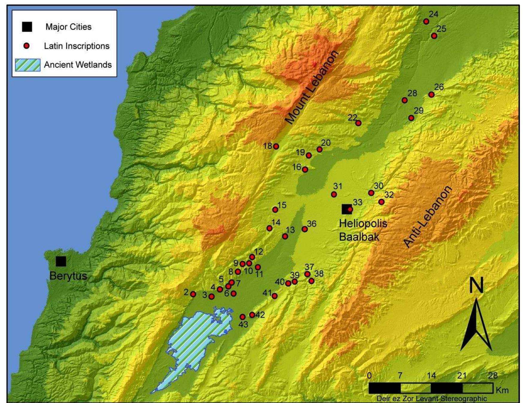 Figure 2. Map showing the extension of the territory of the Roman Colony of Berytus in the Bekaa as evidenced by the Latin inscriptions: 2, Jdita; 3, Saadnayel; 4, Hawch al-Umara- Zahleh; 5, Muaallagah- Zahleh; 6, Dayr Labas; 7, Karak Nuh, 8, Furzul ; 9, Niha; 10, Area of Niha; 11, Timnin al-Fawga; 12, Timnin al-Tahta 13, Aayn Hushbay, 14, Shamstar, 15, Hadath; 16, Shlifa; 18, Yammuneh, 19, Batidii; 20, Dayr al-Ahmar, 22, Nabha, 24, Hirmil; 25, Area of Hirmil; 26, Ras Baalbak; 28, Jabbulah; 29, Labwah, 30, Nahleh, 31, Iaat; 32, Aayn al-Lajuj; 33, Baalbak; 36, Hizzin; 37, al-Nabi Shit; 38, Yahfufah; 39, Qana; 40, Masah, 41, Dayr al-Ghazal, 42, Jabal Turbul- Kafr Zabad; 43, Tall Hamzah (Data: IGLS VI). 