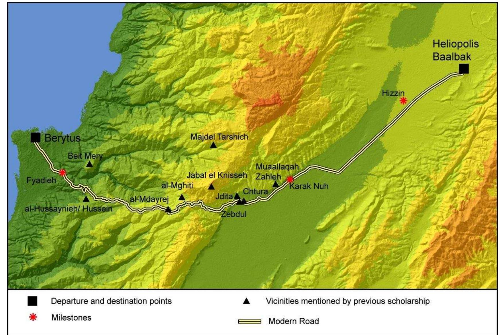Figure 3. Map showing the vicinities mentioned by previous scholarship in relation to the road connecting Berytus tc Heliopolis Baalbak.  mountains north of the Beirut River valley towards he east bank of the river (Goodchild 1948, 106). Rey- Coquais suggests a different itinerary for the main road connecting Berytus to Heliopolis in the Roman period, which probably would have passed through Zahleh crossing Jabal al-Knisseh and reaching Bery- tus via Beit Mery (IGLS VI, p. 27; Rey-Coquais 1964, p. 295-296). This assumption was afterwards fol- owed by Breton, according to whom two Hardianic inscriptions located east of Majdel Tarshish bring further evidence to support the existence of this road itinerary (Breton 1980, 34, 39-40, nos. 5004, 5009). According to Ghadban, this route crossed the locali- ies of Karak Nuh and Hizzin (Ghadban 1981, 151). Most recently Khalil endorses Dussaud’s assumption and argues that the Roman, Medieval and Ottoman routes joining Berytus to the Bekaa Valley would have followed closely the Beirut-Damascus highway ayout. This path stands as the most convenient and easiest to cross since the railroad follows the same rack with few exceptions. The author lists the dif- ferent localities crossed by the road connecting Bei- rut to the Bekaa valley: Beirut, Fyadieh, Khan al- Hussayn, al-Mghiti, al-Mdayrej, Bawarej, Zebdol, dita, Aanjar, Qarn al-Jamus, Khan Maysalun all the way to Damascus. However, the author does not specify the path followed by this route towards He- iopolis Baalbak (Khalil 2009, 250-251) (Fig. 3).  