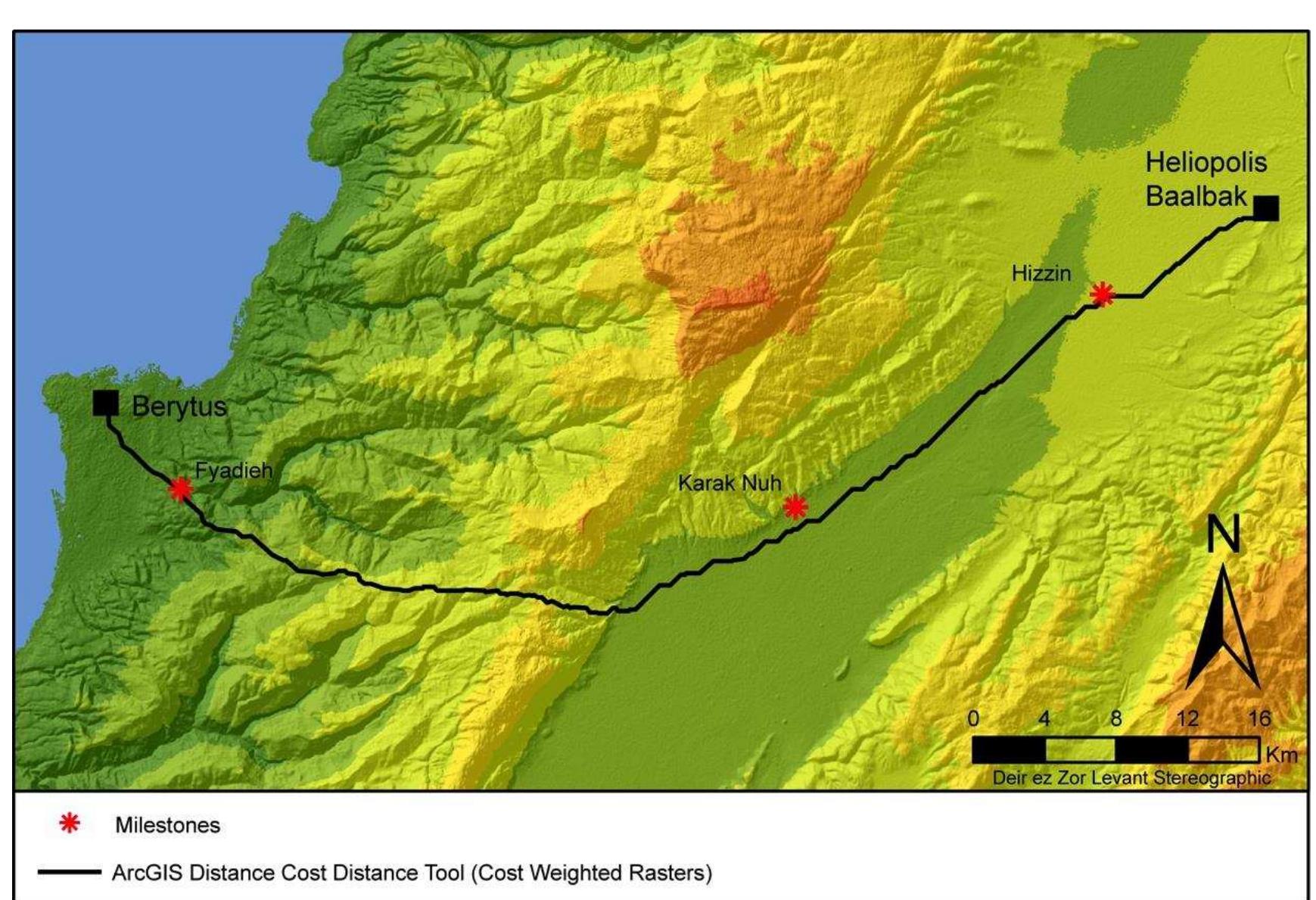 Figure 5. Map showing the location of Roman milestones with respect to the least cost path layout. 