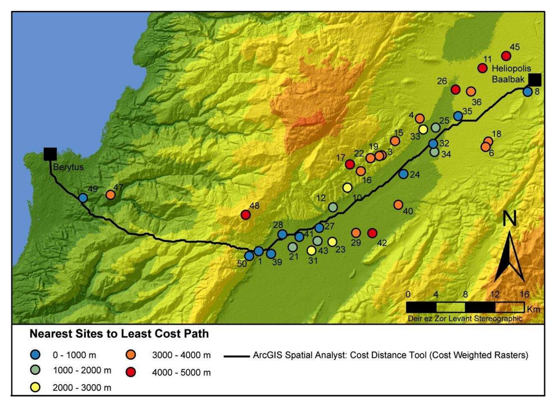 Figure 6. Map showing the location of the nearest sites to the least cost path within a range of 5000 meters. 