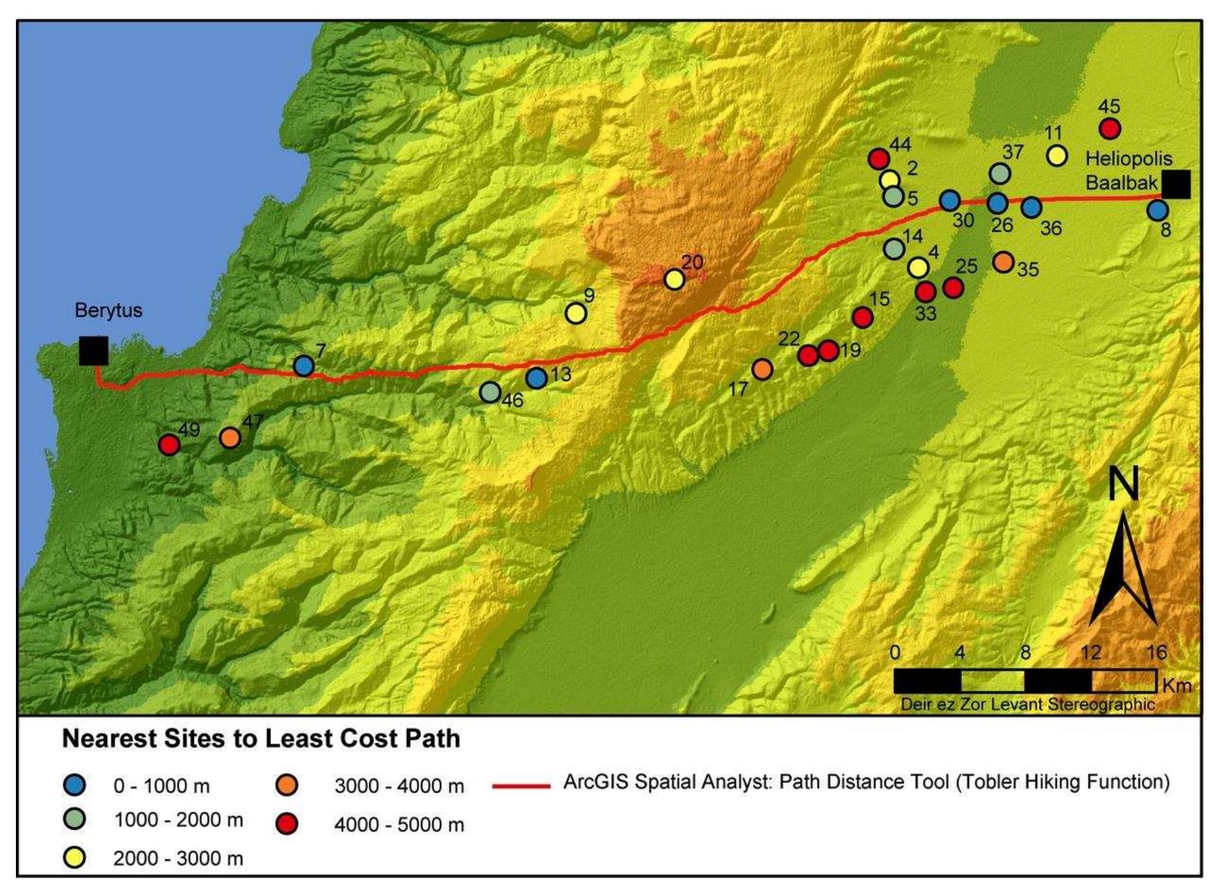 Figure 7. Map showing the location of the nearest sites to the least cost path within a range of 5000 meters. 