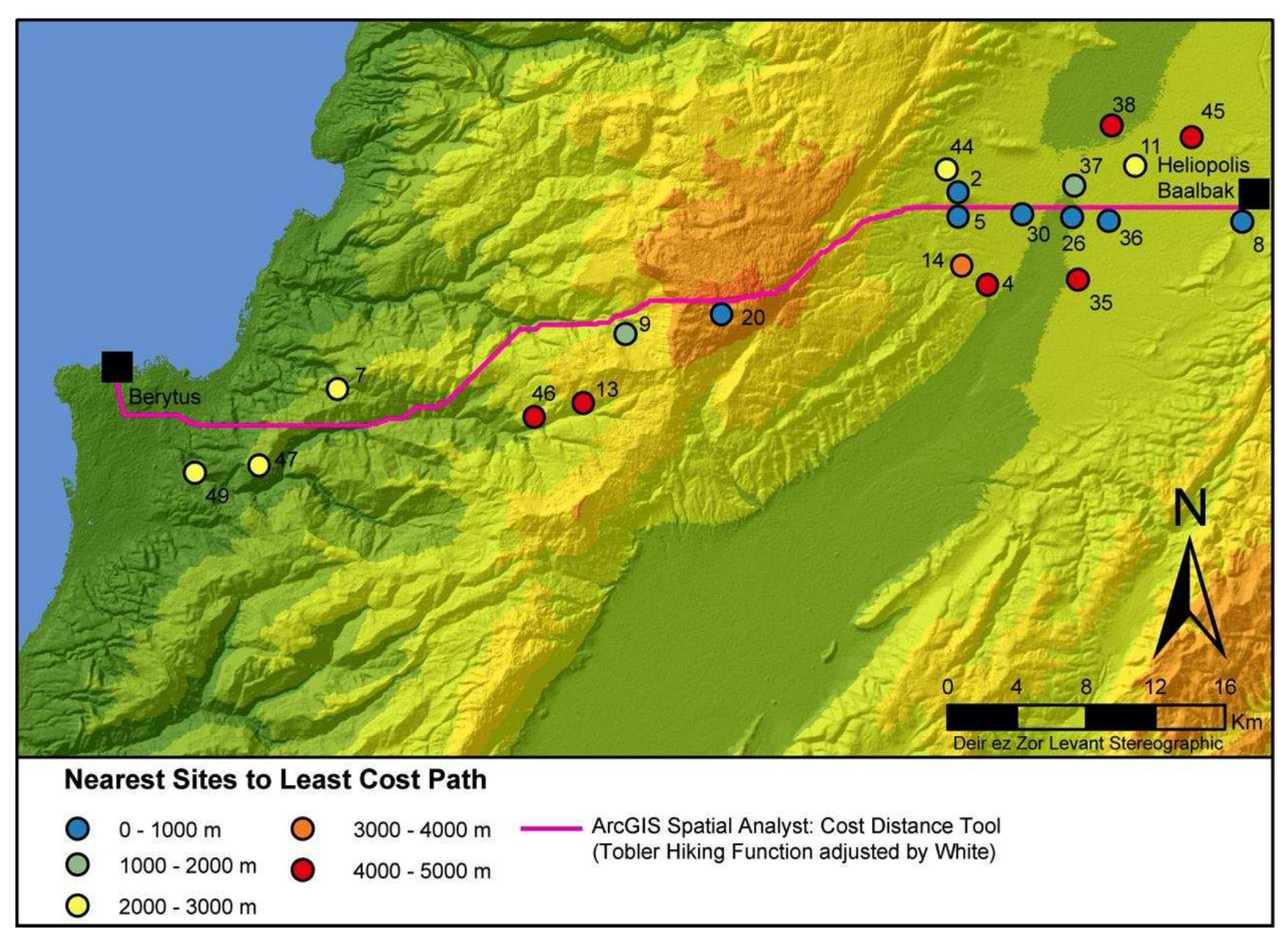 Figure 8. Map showing the location of the nearest sites to the least cost path within a range of 5000 meters 