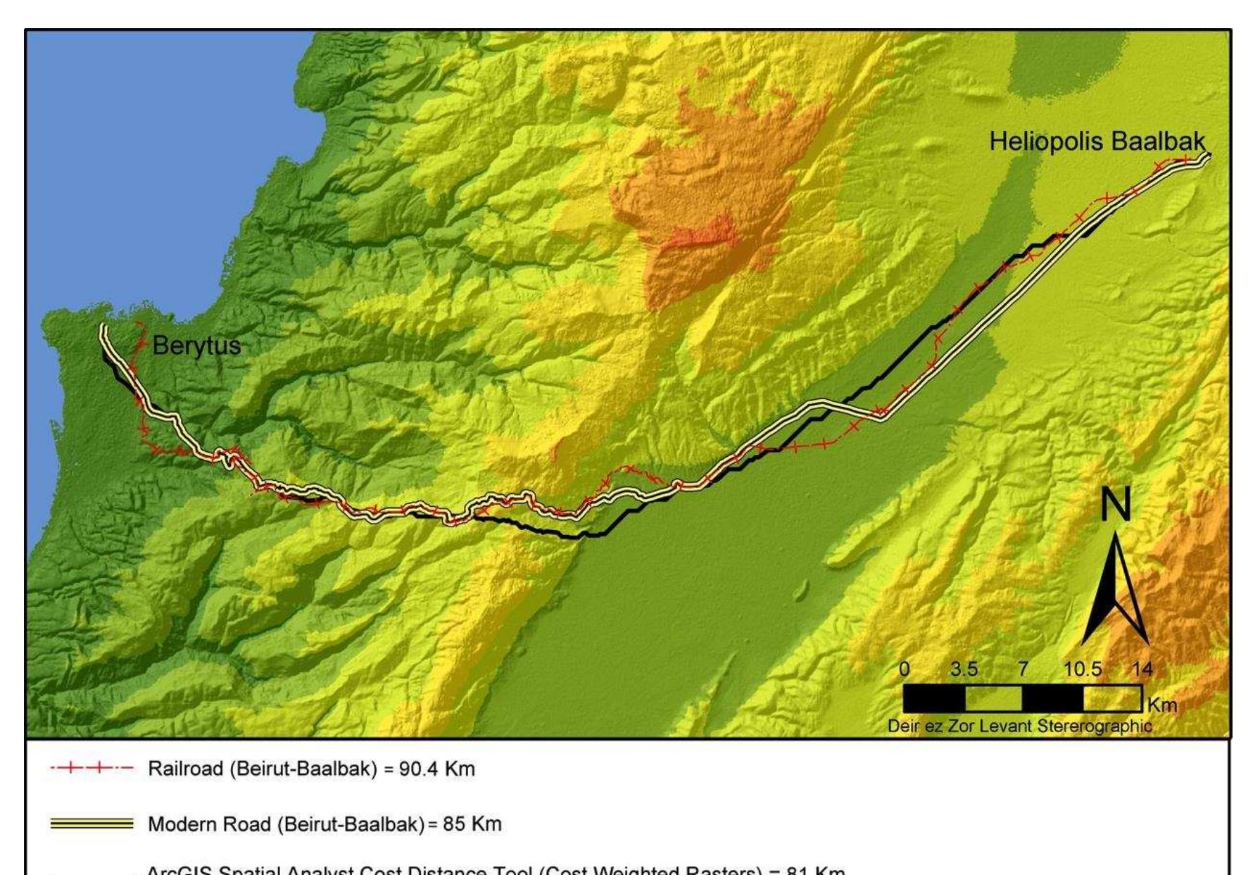 Figure 12. Map showing the layout of the least cost path in respect to the railroad and modern road. 