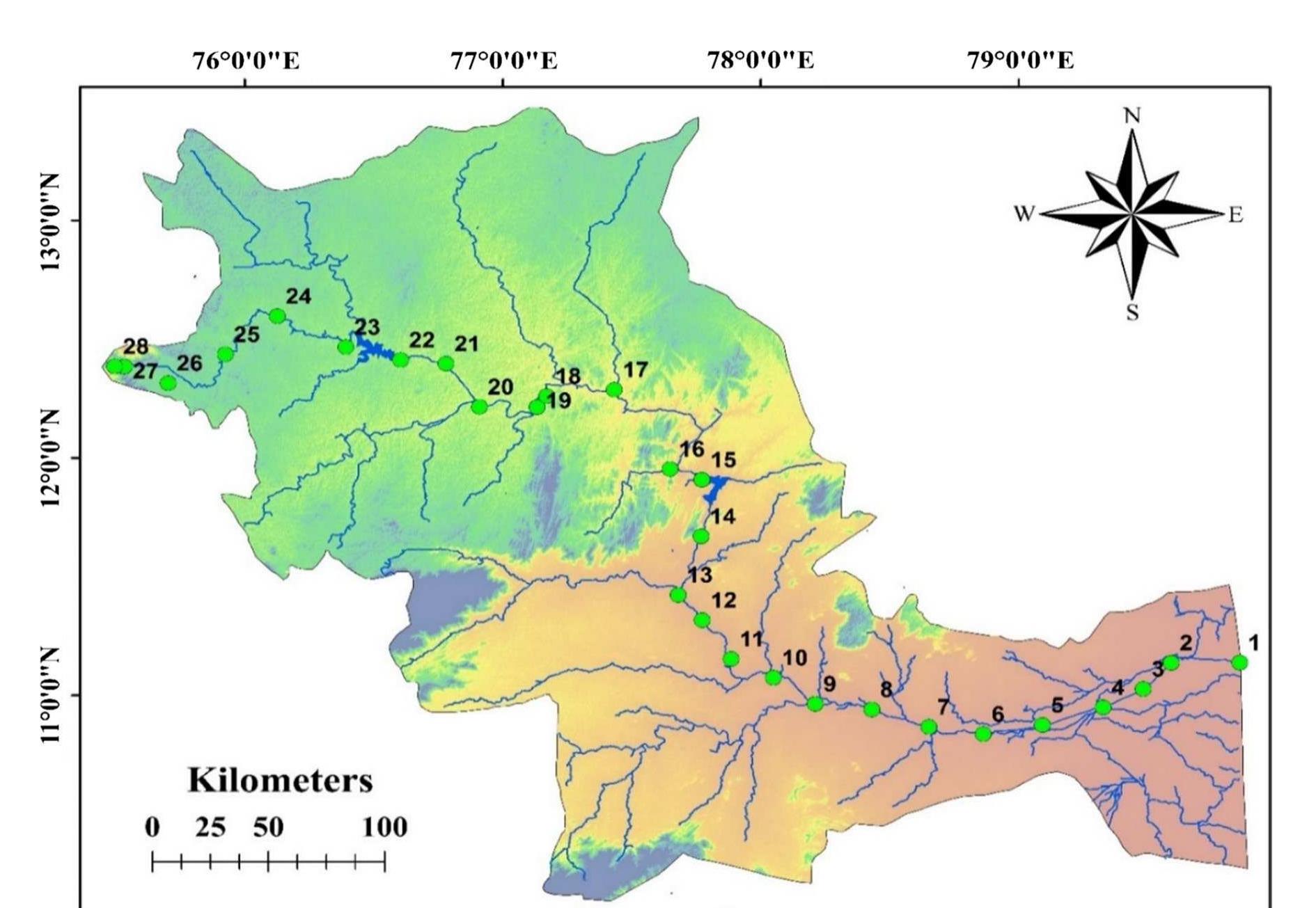 Fig. 1 Geology of Cauvery river basin  Fig. 2 Surface water and groundwater sampling locations along the river course 