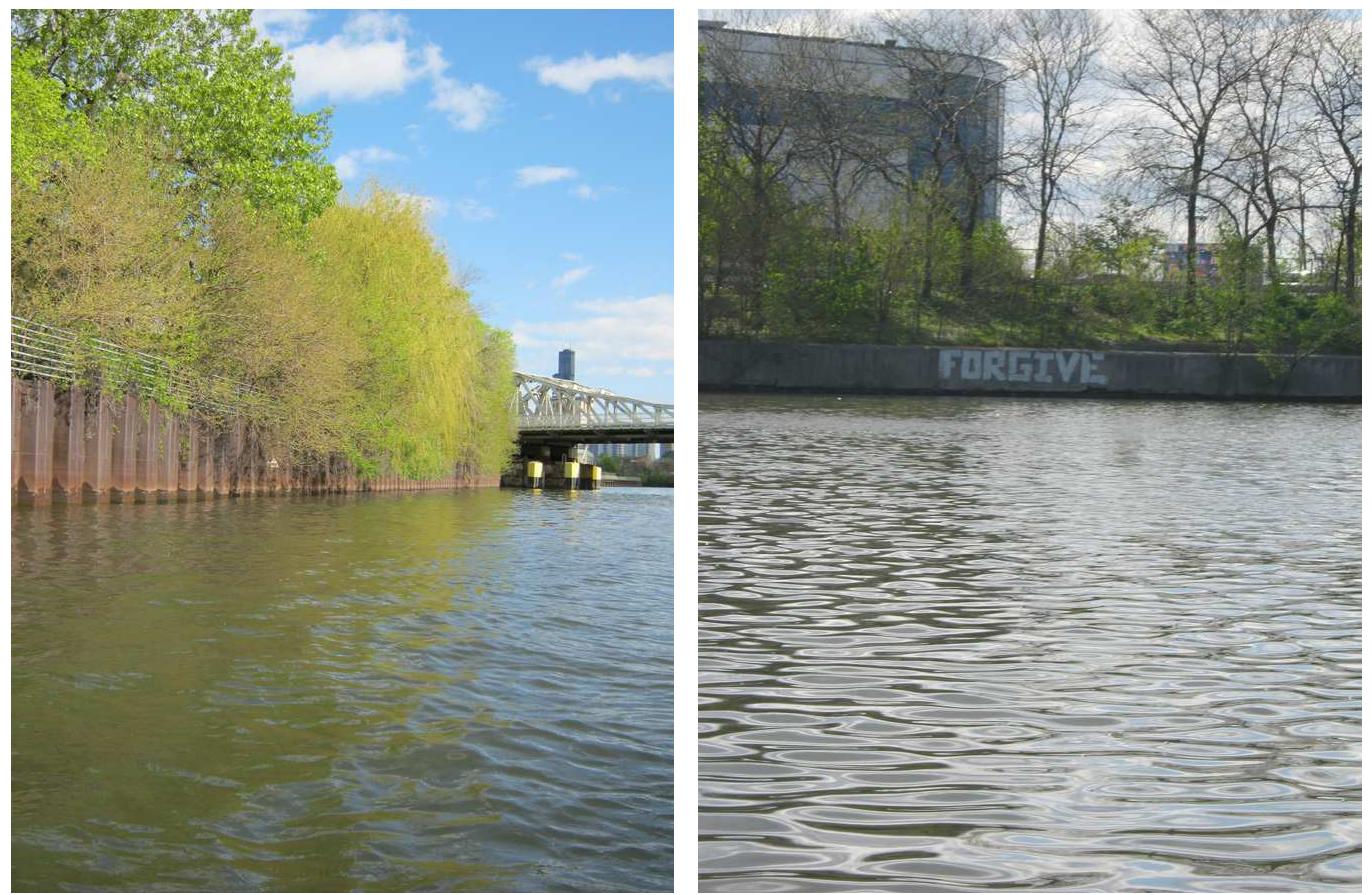 FIGURE 12.5. The embanked river: (a) metal bank (b) concrete/earthen bank, with graffiti. Photographs by Jeffrey Benjamin.  Land on either side of the North Branch River is heavily industrialized. Goose Island is on the east bank. On the west bank is a salt packaging and warehouse  facility. TI or corrug  he vertical banks of the river are faced with retaining sheets of smooth ated metal, allowing large barges bringing materials to dock and unload  but making it impossible for a canoeist to pull a small boat into the shore and dis- embark. The old creeks and gullies and gently sloping banks have been replaced by vertical walls—metal in places, concrete elsewhere—which sharply separate the water from the land.  