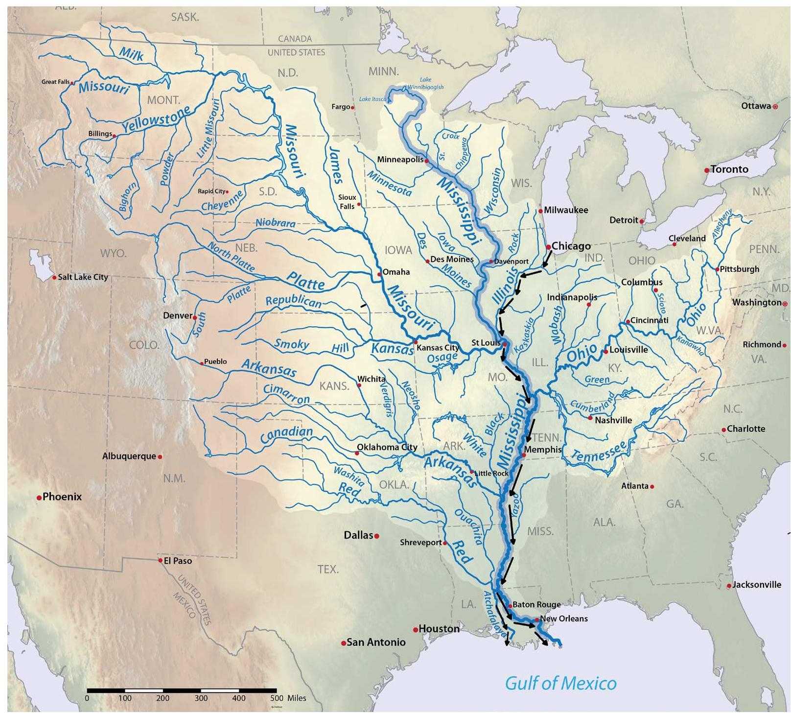 FIGURE 12.7. Flow of water (and sewage) from the Chicago River through other river systems into the Gulf of Mexico. Adapted from map by Shannon 1, CC by 4.0. 