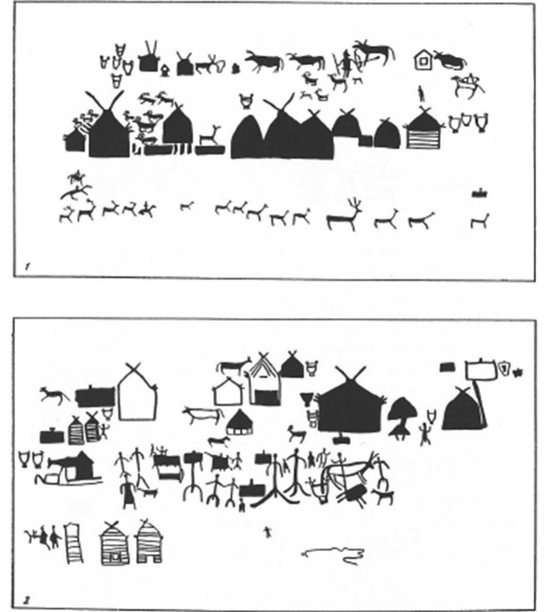 Fig. 9. Greater Boyar Petroglyphs, Images of a Campsite (After Dévlet 1976: pl. 6). Fig. 8. Painting on wooden coffin: Shanmacheng, Gansu Province, China (After Beijing Daxue and Gansu Sheng Wenwu Kaogu Yanjiusuo, 2011).