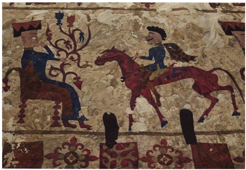 Fig. 11. Appliqued Felt Wall Hanging Decorated with Goddess (Tabiti) and Rider from Pazyryk Kurgan 5, Altai, Southern Russia c.241 BCE (photo: Fisher Fine Arts Library Image Database).