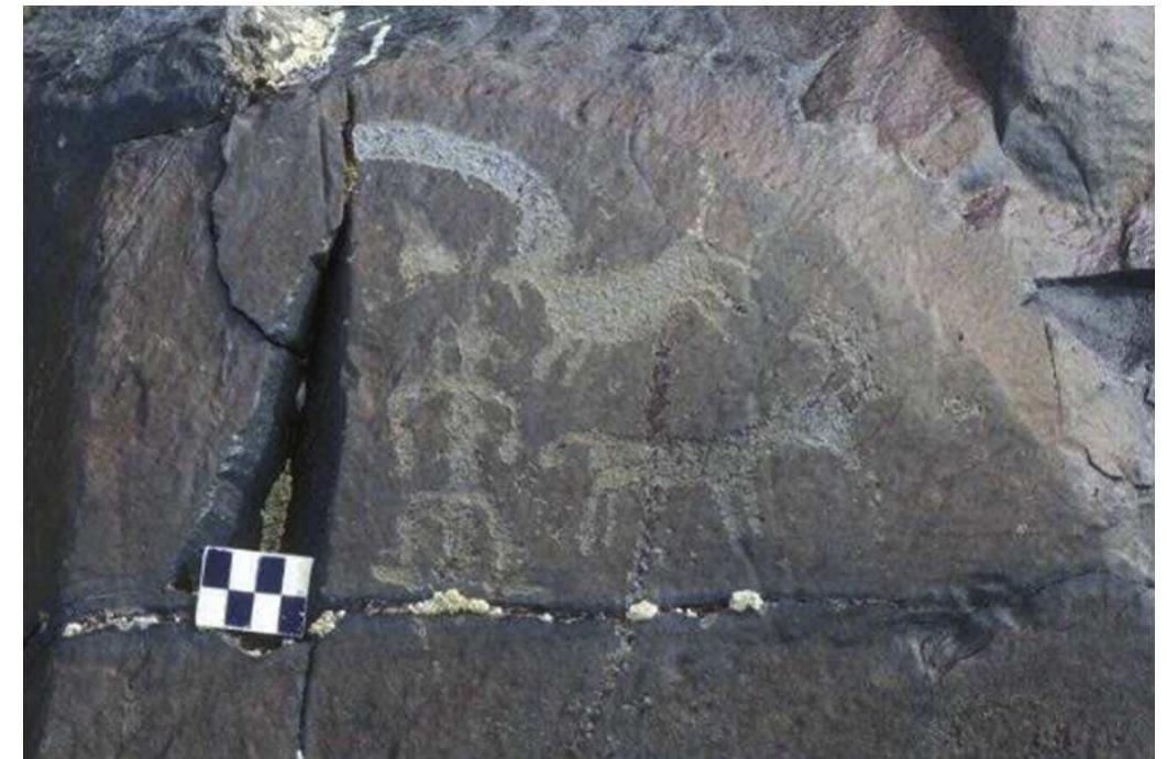 Fig. 13. Frontal woman (birthing) with tall headdress and rings of hair or earrings at the side of her head, Bayan-Olgii province, Mongolia (photo: Gary Tepfer and the Mongolian Altai Inventory).