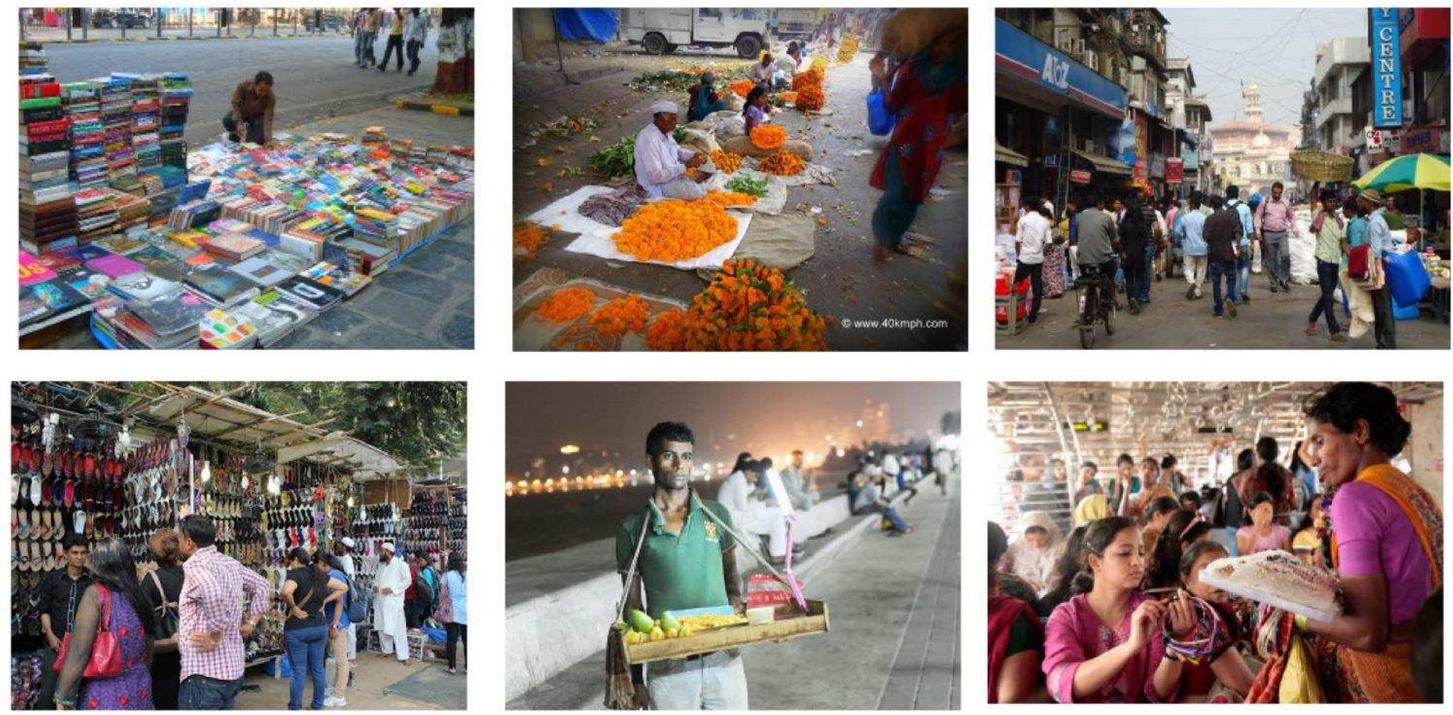 Figure 3 Various settings and occurrences of invisible infrastructures within the city of Mumbai. Image source: web  These various actors make use of the existing infrastructure of the built city or the “static city “and integrate themselves in the economic as well as cultural mechanisms of the city. They encroach the existing trains, buses, pavements outside the train stations and on the sky-walks to sell goods that commuters need daily, and give them the comfort of buying them on their way back. The most famous fashion markets of city lie in the poshest areas, are nothing but streets full of hawkers and stalls selling clothes and accessories that can b wrapped up in ten minutes of an informer’s notice of a municipal check. Although temporar in form, these floating infrastructures have a permanency in memory. Users of the city, kno exactly which street and which by lane to go to in order to get the things they want. The cit functions on this informality, they form important spokes in the wheels of the city’s economy.  The subaltern in Mumbai thus relies on the static city in a symbiotic relationship. Vendors in the moving trains, or at the traffic signals, at public places without any infrastructure in hand thus weave their presence throughout the formal of the city. This new emerging forms of urbanism is the “urban now”. These components of the hence, act as a stage where different spatial and social mechanisms impact each other. The urban now thus, highlights the multiple geographies and temporalities of the locality, which shapes these new emerging forms of urbanism which open multiple possibilities of interpretations, consumption and production of the city. 