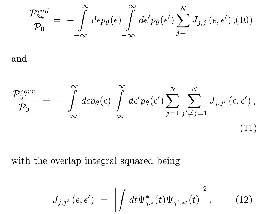 Importantly, the component wave functions at different energies, « # ¢’, are not orthogonal any longer. As a result, the correlation noise arises, PS9"" # 0.  Substituting Eq. (9) into Eq. (3) we find the individual and correlation noise to be the following,  The correlation function above tells us that the source now emits particles that are not in a pure state. The jth electron is now in a mixed quantum state with probabil- ity density pe («) = —Of/Oe and with component wave functions WV, ..  To be specific, on further on I focus on the source of levitons. 