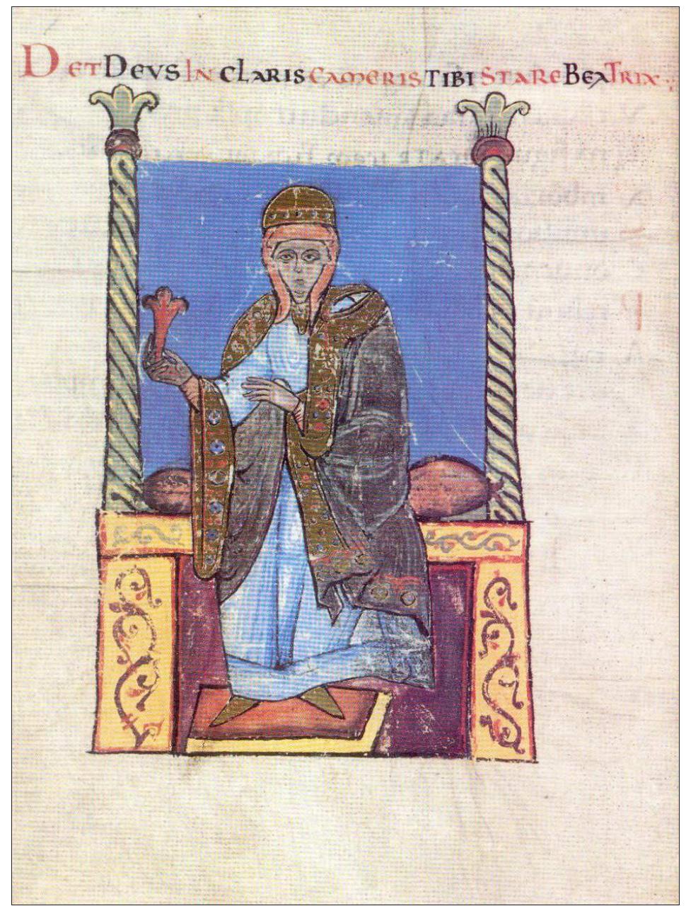 Fig. 4. «Det Deus in claris cameris tibi stare Beatrix». Ms. Vat. Lat. 4922, c. 30v. 