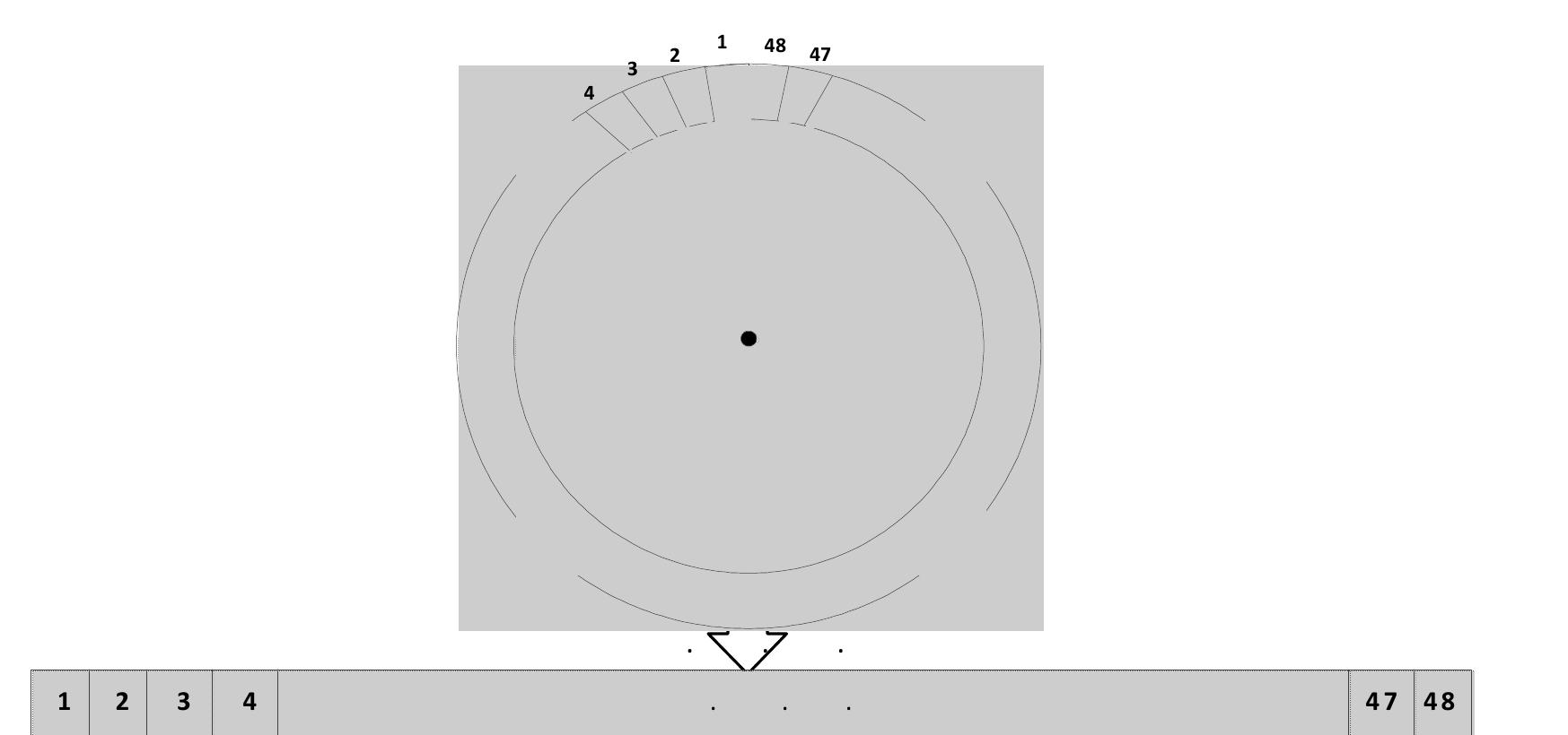 Figure 5. The periphery of circular area around of artificial creature in each position It is assumed in the simulation that the artificial creature in each location stands in the center of a circular area with a radius of its vision range, i.e. 2 meters. If the creature turns around itself; it only can see objects in its visual range. When a food object appears in the periphery of this circular area, a creature should find this food. Moving around, another food appears in a random place on periphery of the circular area, and this procedure repeat for 5 iterations. As shown in Figure 5 the periphery of the circular area around the artificial creature in each position is divided to 48 slots, which can be considered as a rectangular. In the simulation program it is implemented as an array of AQ x 3.