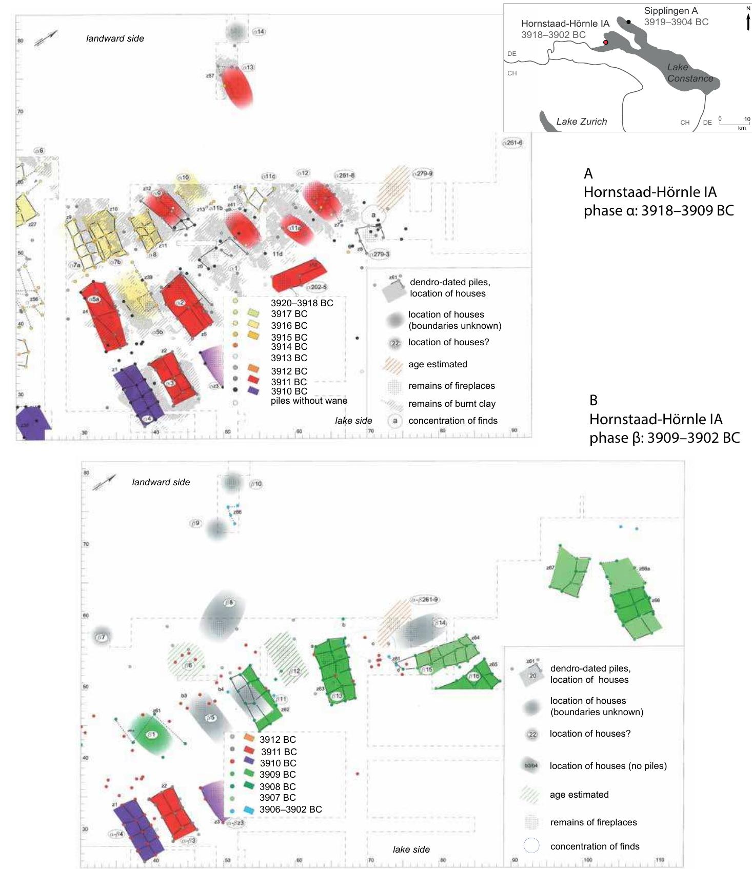 them have obvious ‘Schussenried’-shapes and decorations, which are characteristic for Upper Swabia and the Neckar region (DE). There are also little bottles pecu- liar to the ‘Polling’ in Upper Bavaria (DE). A few further vessels are similar to the ‘Michelsberg’-style’ of south-western Germany while others show features of the so-called ‘Cortaillod’-style® of the Lake Zurich region (CH). The latter include  also traits of the NMB’-style that is even known from eastern France.  Figure 1. The Neolithic wetland site of Hornstaad-Hérnle IA at Lake Constance (DE) and its settlement history, based on dendrochronological analyses (figure: C. Heitz; after: Matuschik 2011). 