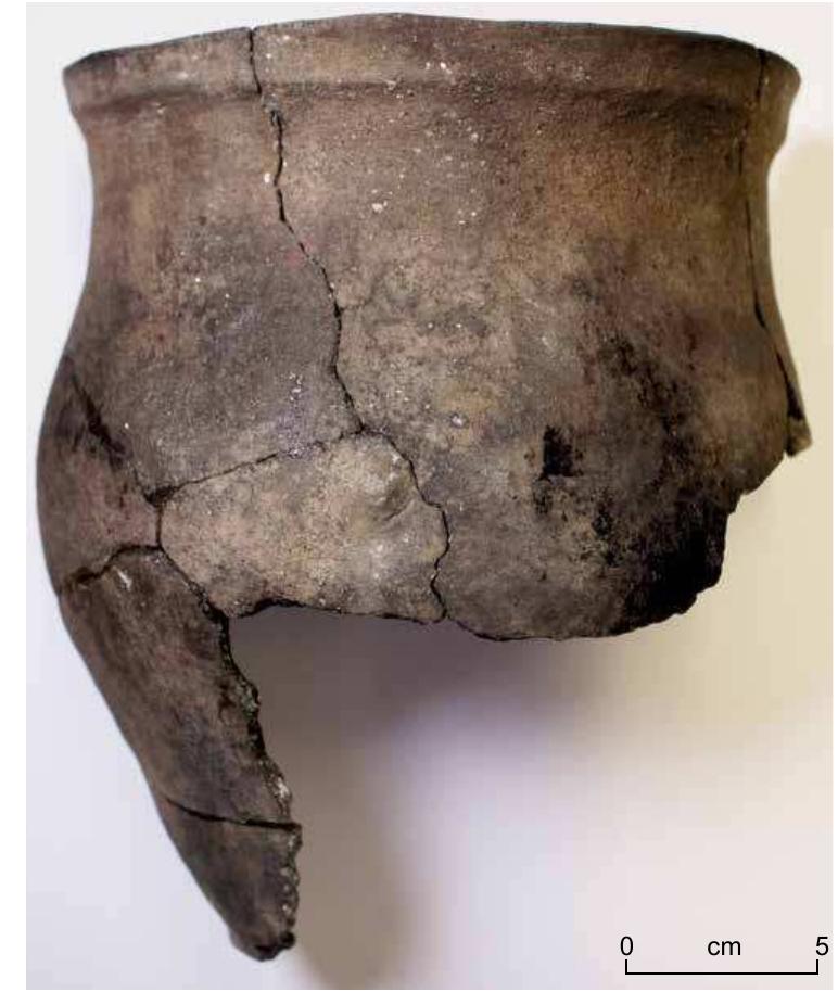 then was put on a supporting substitute. By using one hand for resistance at the exterior side of the pot, a first coil was attached at the inner side of the growing vessel’s body. The clay was carefully smeared downwards and inwards over the up- per side of the base to conjoin the two pieces of clay. Then, to shape the opened truncated cone of the pot’s lower part, two or three further coils were attached in the same manner, again at the inner side. Meanwhile, on the exterior side, the  clay was smeared regularly upwards. This procedure has two advantages: it results in a strong joint without trapped air in between that could make the vessel break during firing. It also means using the clay’s tension as well as gravity to hold the  during firing. It also means using the clay’s tension as well as gravity to hold the 