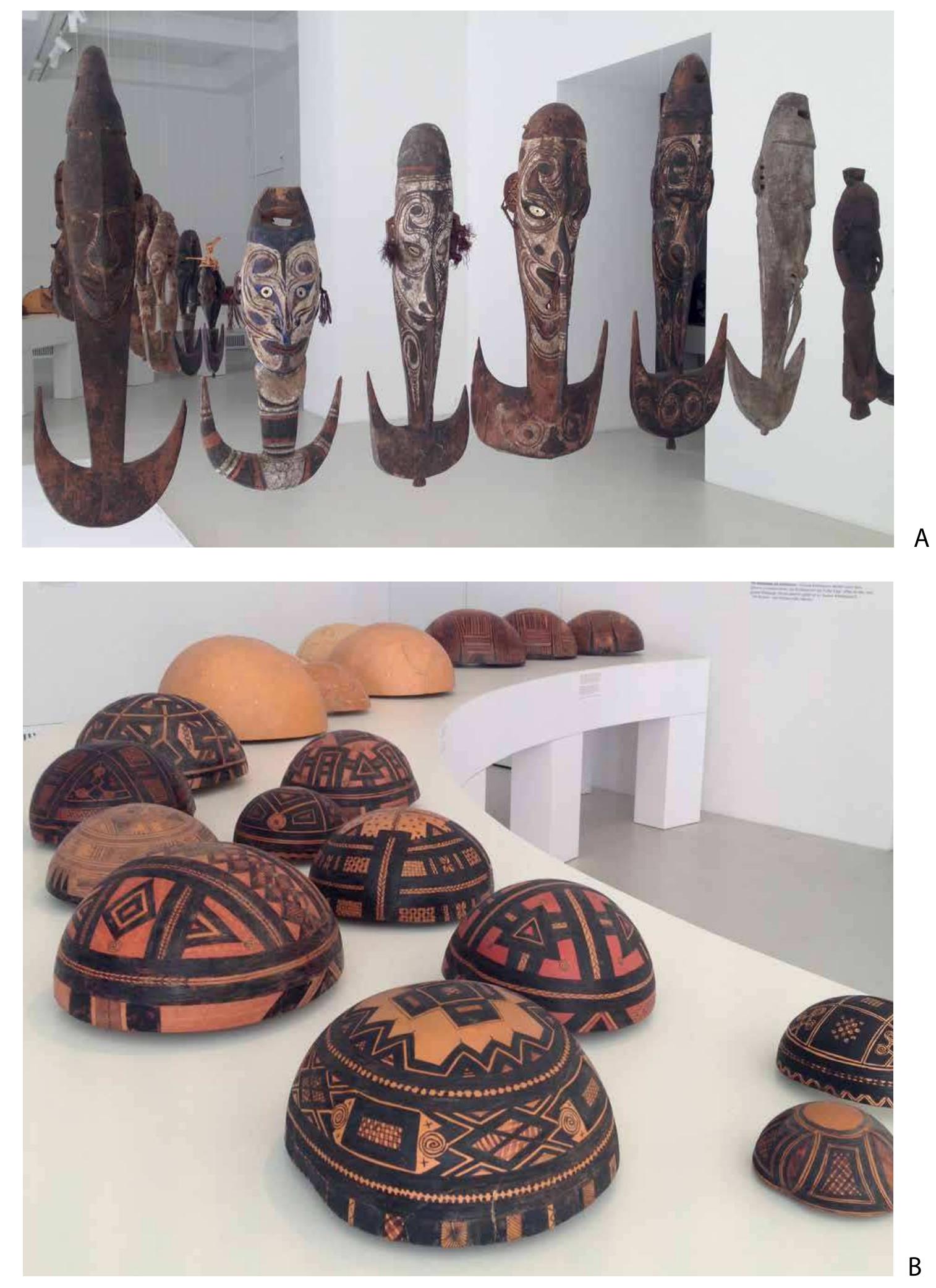 Figure 5. Things in series: (A) wooden hooks of the Itamul and (B) fulani calabash vessels arranged for the exhibition ‘Staying in line: single objects in series’ in the Museum der Kulturen Basel (figure A: C. Heitz; B: © Museum der Kulturen Basel). 