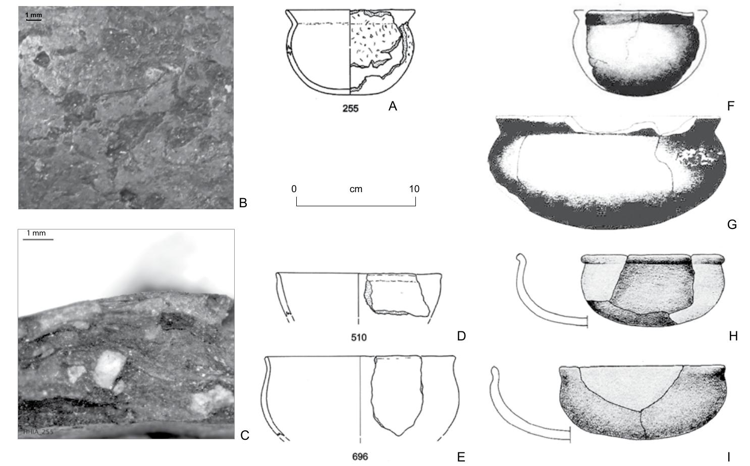 Figure 10. A ‘translocal vessel’: (A) shape, (B) surface imprints, (C) break of the basin shaped bowl no. 255 as well as basin shaped bowls no. 510 and 696 from Hornstaad-Hornle IA  compared with (F — G) pieces from Bruchsaal-Aue and (H — I) Ehrenstein (figure and photos: C. Heitz; A, D, E: Matuschik 2011; F, G: Stéckli 2009; H, I: Liining 1997). 