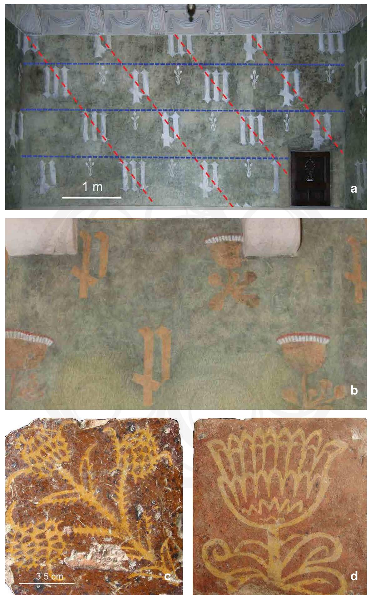 Figure 4.2. Details of wall paintings after conservation 1989-95 (a) in the dressing room of the Countess of Nevers; the red and blue dashed lines show the repetitiveness of geometrical pattern; (b) in the dressing room of Margaret of Flanders; (c) and (d) floor tiles reproduce the floral decoration of the walls. Photos (a) and (b) Francesca Piqué, 2013; (c) and (d) Chateau de Germolles, 2008. 