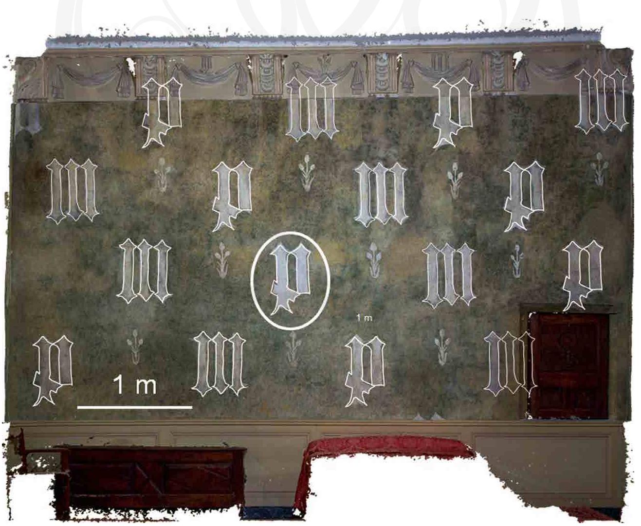 Figure 4.3. Orthophotograph of the west wall of room dn. The profiles of letters P and M are marked in white. The details of the letter P circled in white are shown in figures 4.4 and 4.5. Photos: Julien Guery, 2014; the outlines Chateau de Germolles, 2016. 