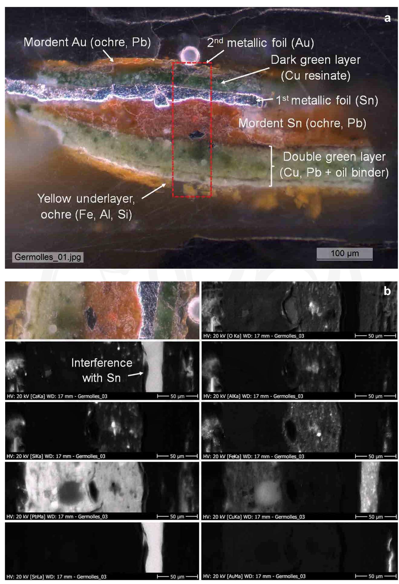 Figure 4.8. Cross-section of a fragment from a thistle, observed in visible light under an optical microscope. The identification of the material was carried out by combining (a) FTIR and SEM-EDS analyses; (b) elemental mapping of the area in the red, dashed rectangular. Photos: Francesca Piqué, Dominique Martos-Levif, and Stephan Ramseyer, 2015 