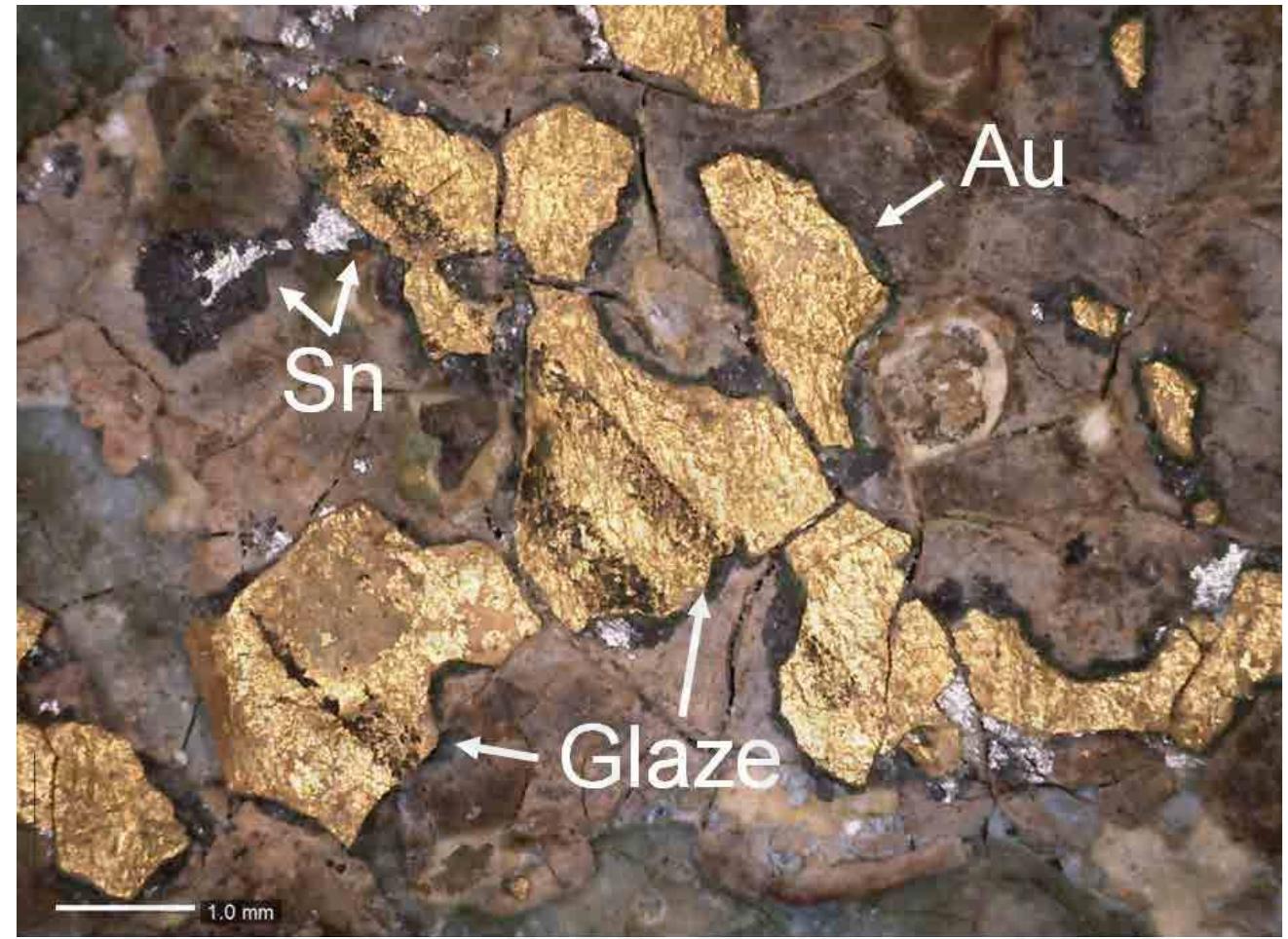 visualized from the powdery yellow underlayer to the upper gold leaf (fig. 4.8a). Each cross-section layer was further characterized with energy dispersive spectroscopy associated to scanning electron microscopy (EDS-SEM) using JEOL JSM-6400 at a voltage of 20 kV, as well as Attenuated Total Reflectance - Fourier Transformed Infrared (ATR-FTIR) spectroscopy using PerkinElmer spectrum 100 equipped with deuterated-triglycine sulphate (DTGS) detectors (4000 to 400 cm’). The yellow underlayer contains both Fe, aluminium (Al), silicon (Si), and Ca and is probably yellow ochre rich in clays. The green background consists of two lay- ers both containing Cu and Pb, but in different ratio. The first layer is whiter and contains mainly lead white (PbCO,),Pb(OH), while the second is greener and is richer in a Cu-based green. The binder of these Cu and Pb based layers is probably   richer in a Cu-based green. The binder of these Cu and Pb based layers is probably 