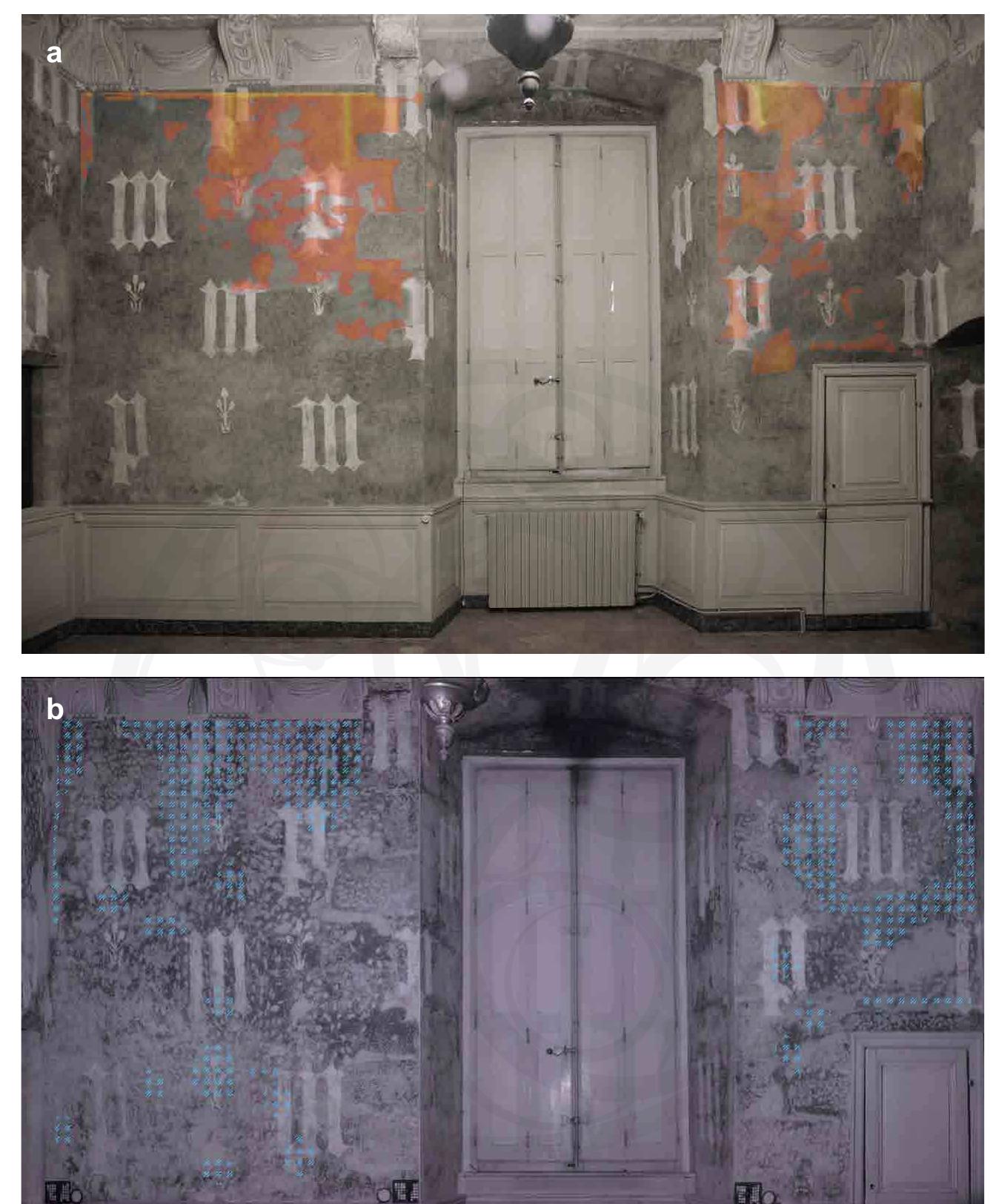 Figure 4.13. (a) Graphical representation through IRT of areas of detachment in the north wall of room dn; (b) representation (overlaid onto an IR image) of similar areas, in blue, as recorded by tactile assessment (knocking method). Photos: (a) Cristina Tedeschi and Marco Cucchi; (b) Nutsa Papiashvili, 2015. 