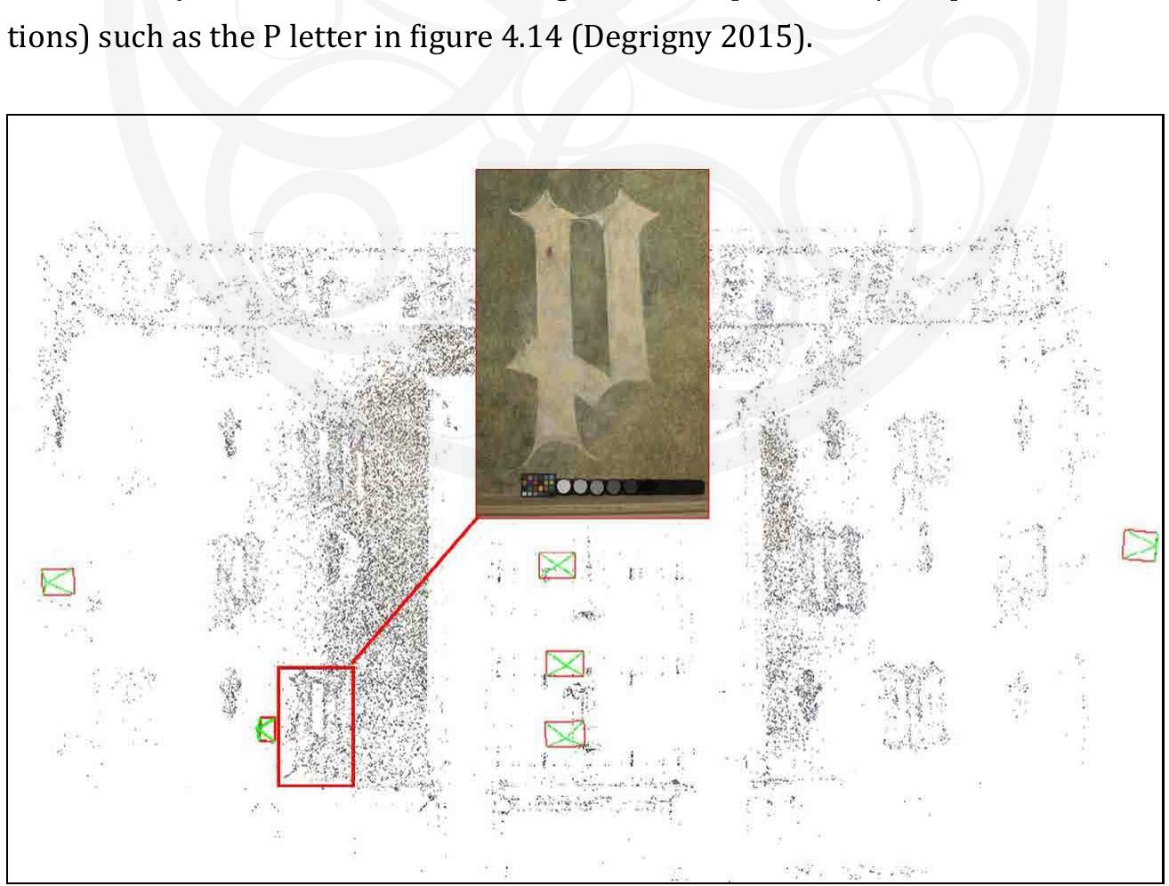modalities (different cameras showing different spatial and/or spectral resolu-  Figure 4.14. Tie points between the point cloud of the south wall of room dn and a technical picture of a P on the same wall. Photos: Anthony Pamart, 2015 and Francesca Piqué, 2013. 